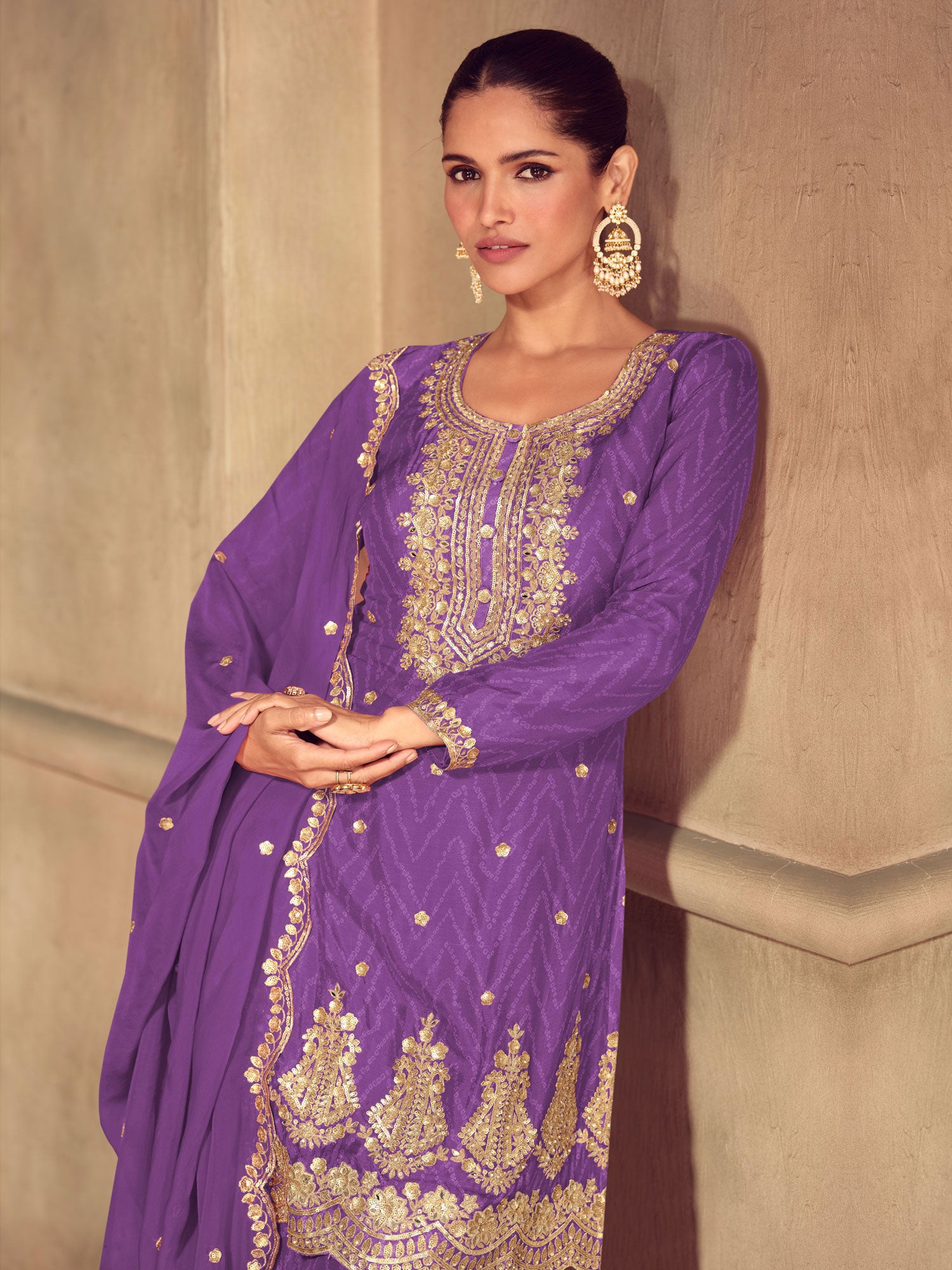 Purple Palazzo Style Suit With Mirror Embellishment