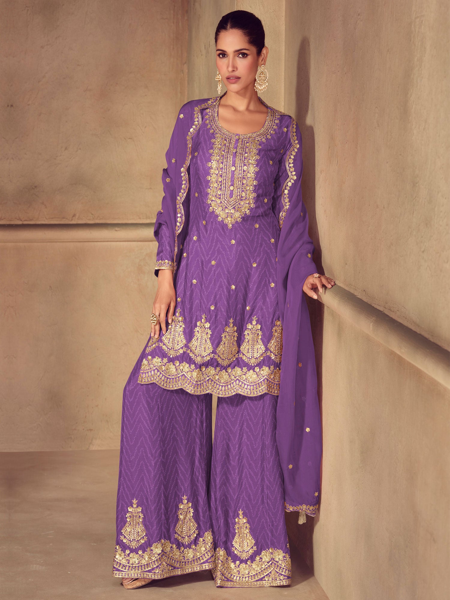 Purple Palazzo Style Suit With Mirror Embellishment
