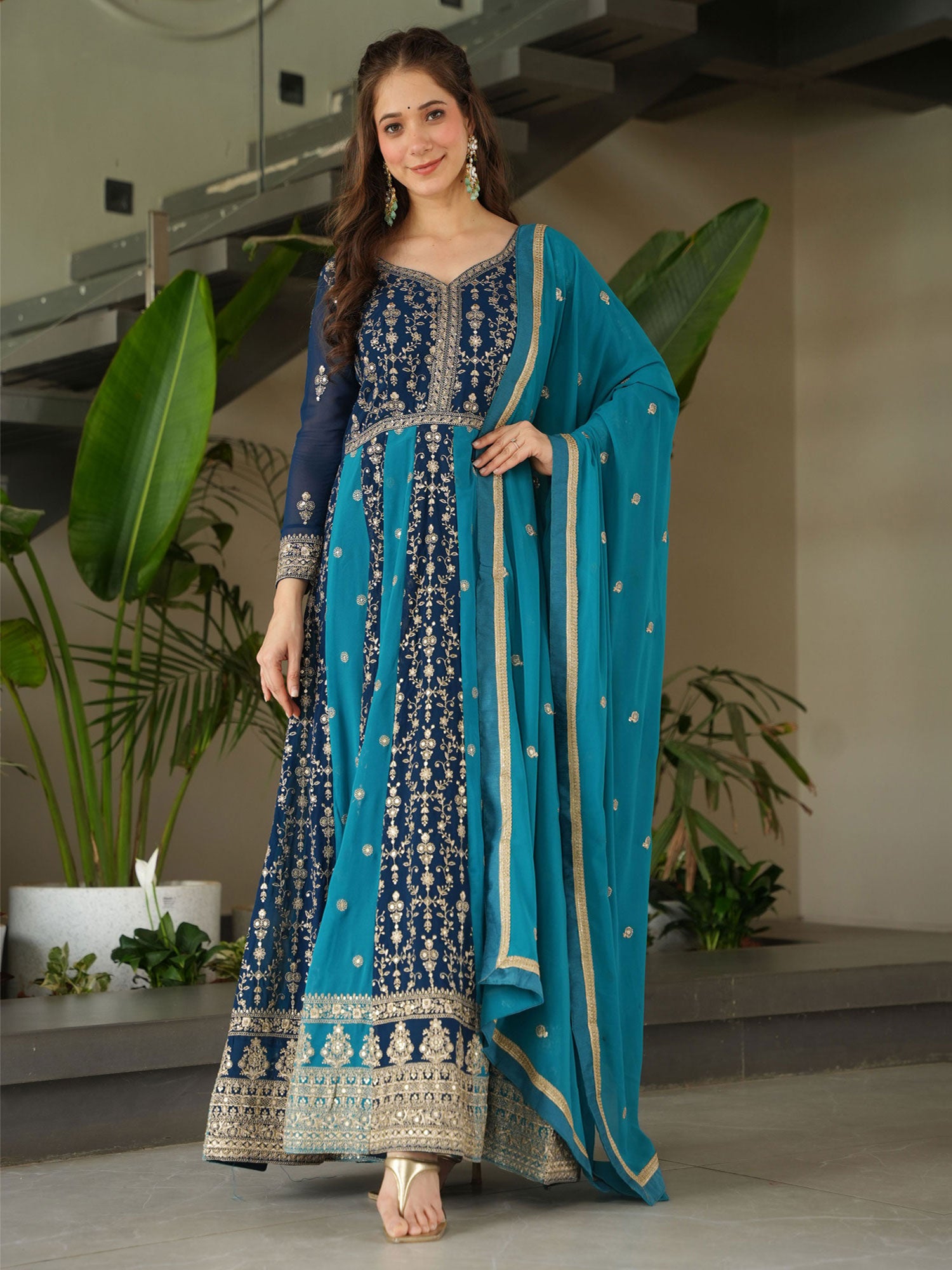 Blue Embroidered Georgette Salwar Kameez With Dupatta