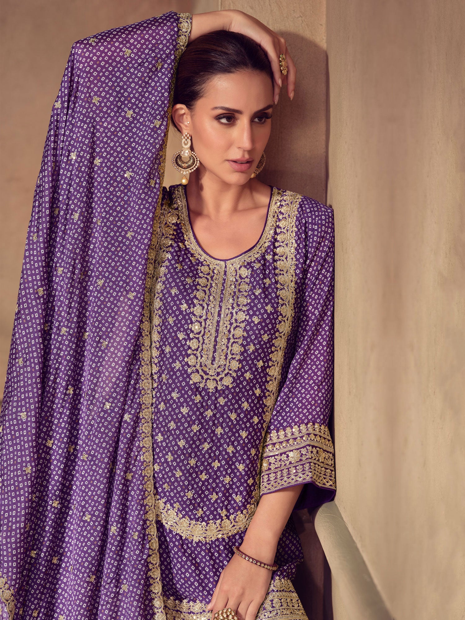 Purple Sharara Suit With Bandhani Printed Dupatta