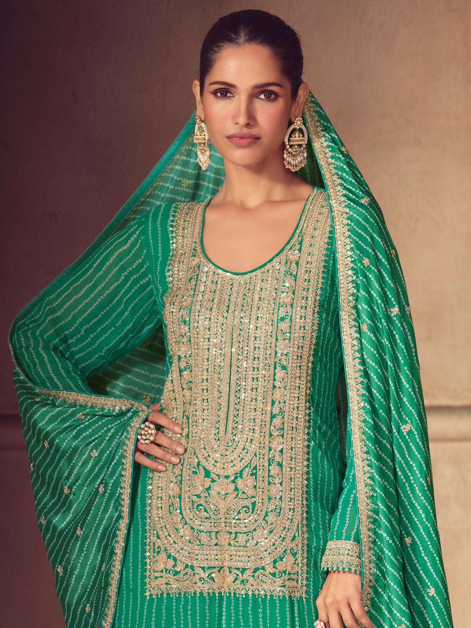 Green Full Sleeved Sharara Suit With Long Kameez