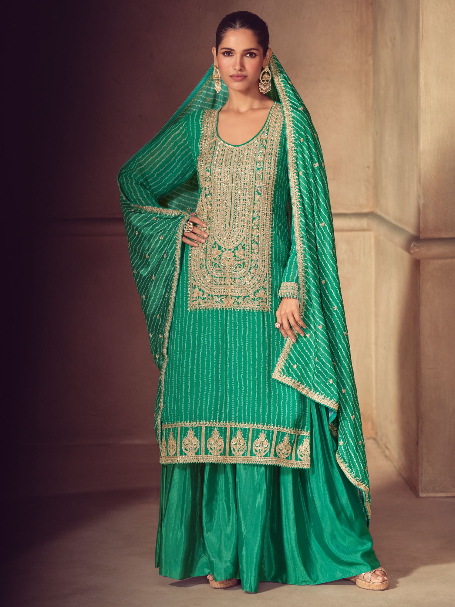 Green Full Sleeved Sharara Suit With Long Kameez