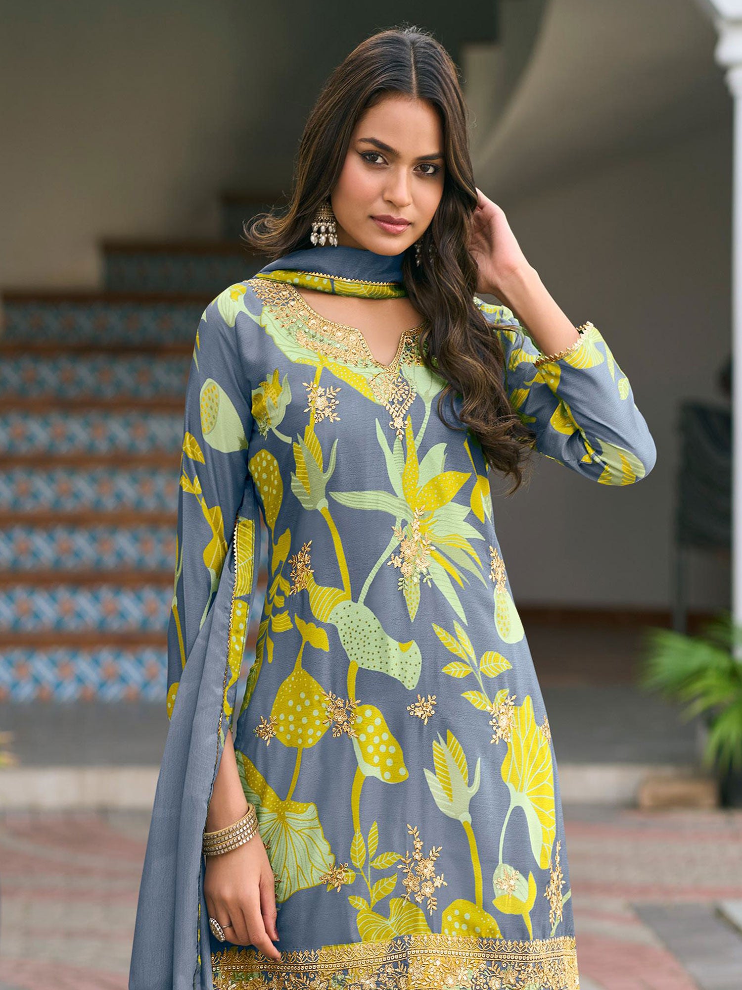 Stone Blue Printed Salwar Kameez In Palazzo