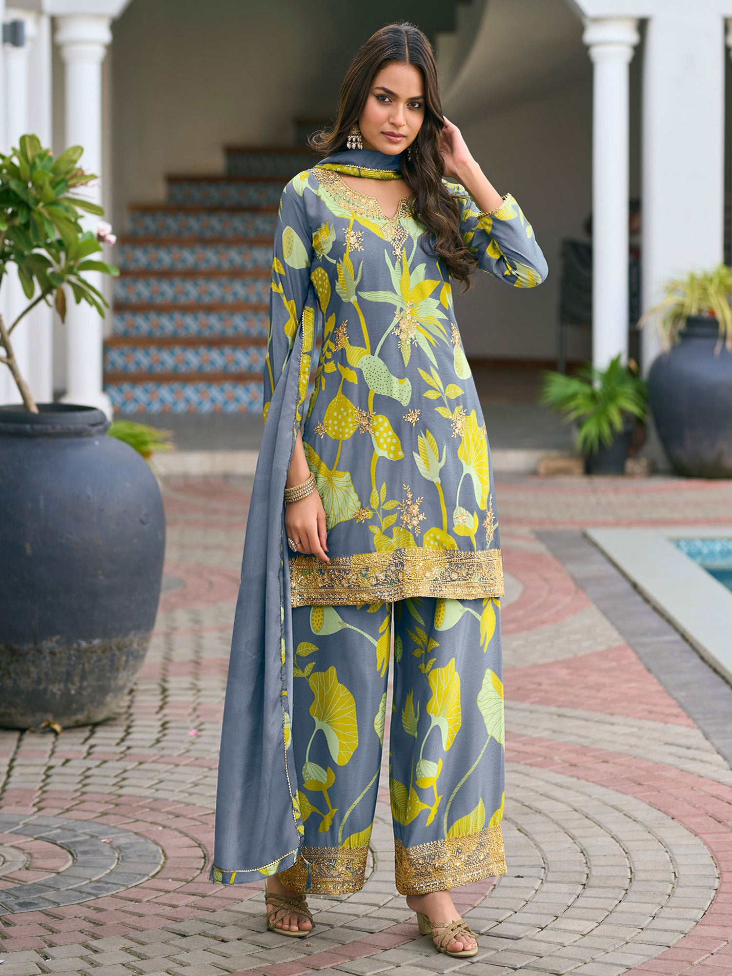 Stone Blue Printed Salwar Kameez In Palazzo