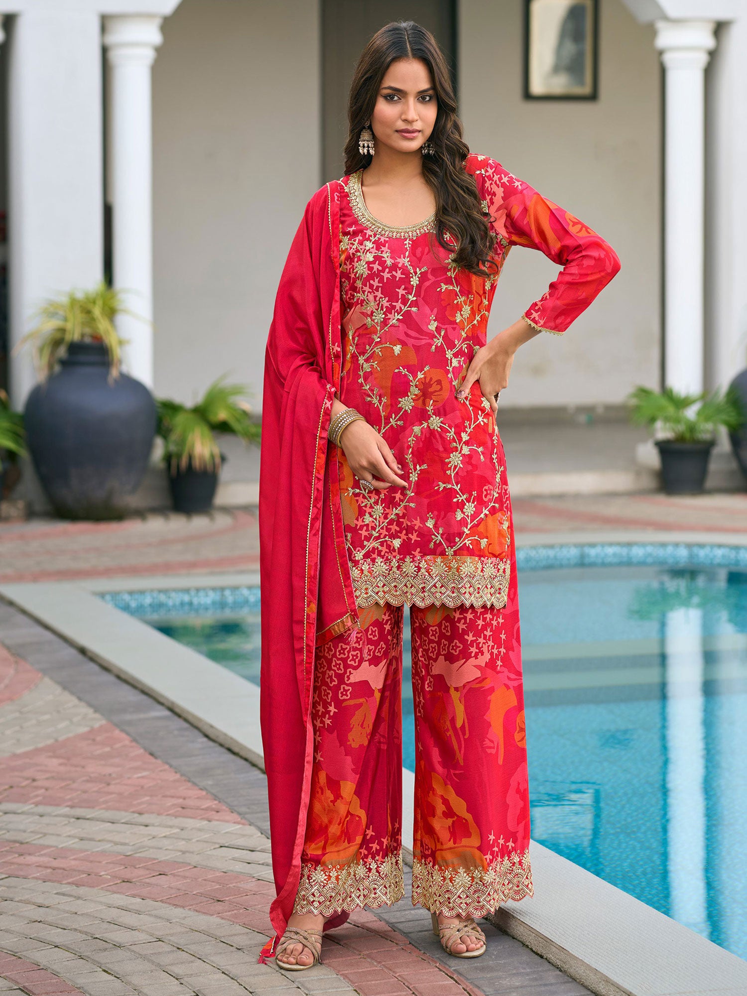 Pink Zari Embellished Palazzo Style Salwar Suit