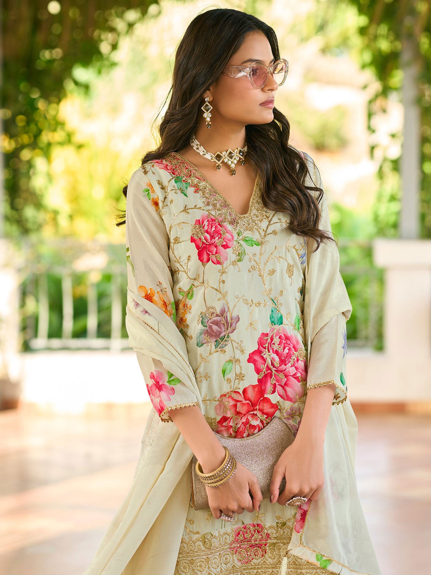 Off White Festive Salwar Suit In Floral Print