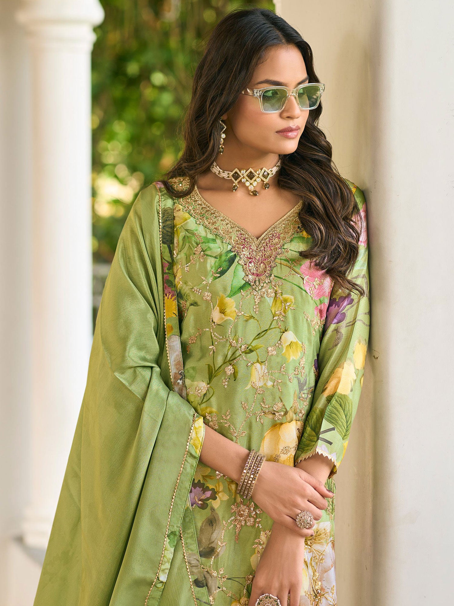 Pista Green Floral Printed Palazzo Suit Set