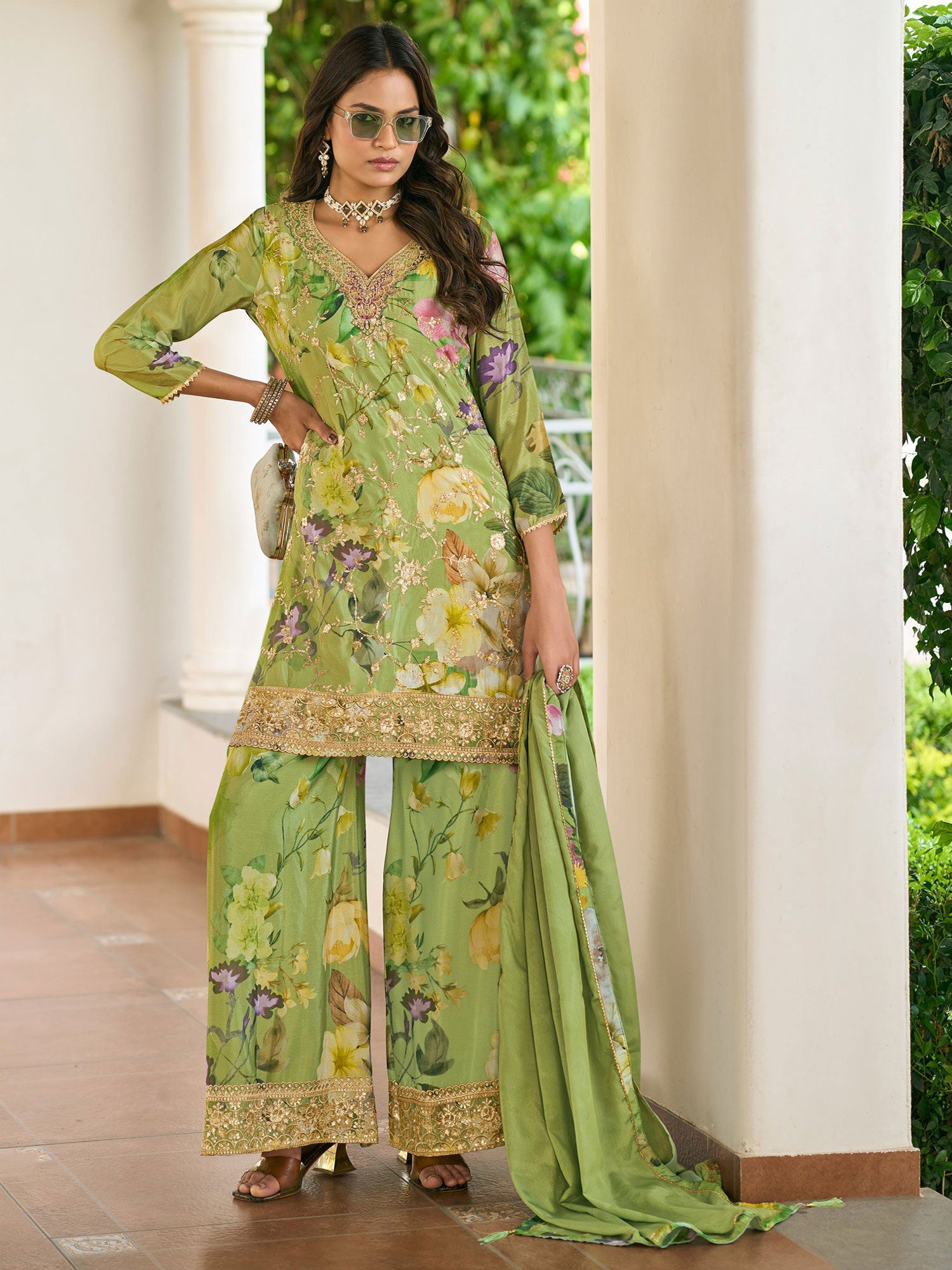 Pista Green Floral Printed Palazzo Suit Set