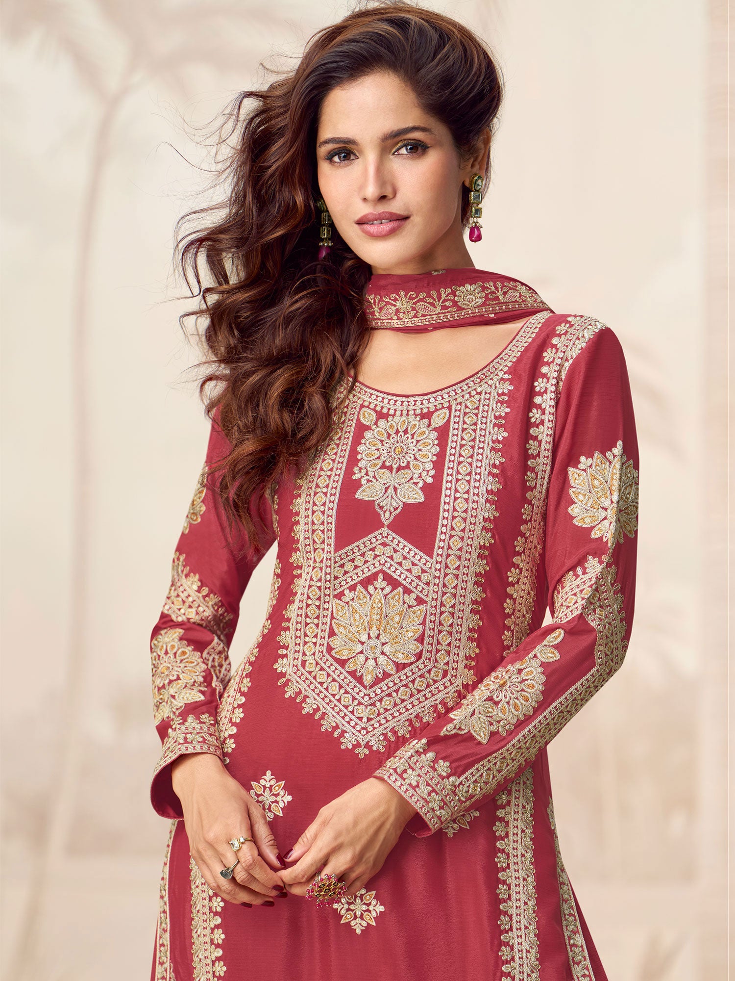 Blush Red Sequins Enhanced Palazzo Style Suit