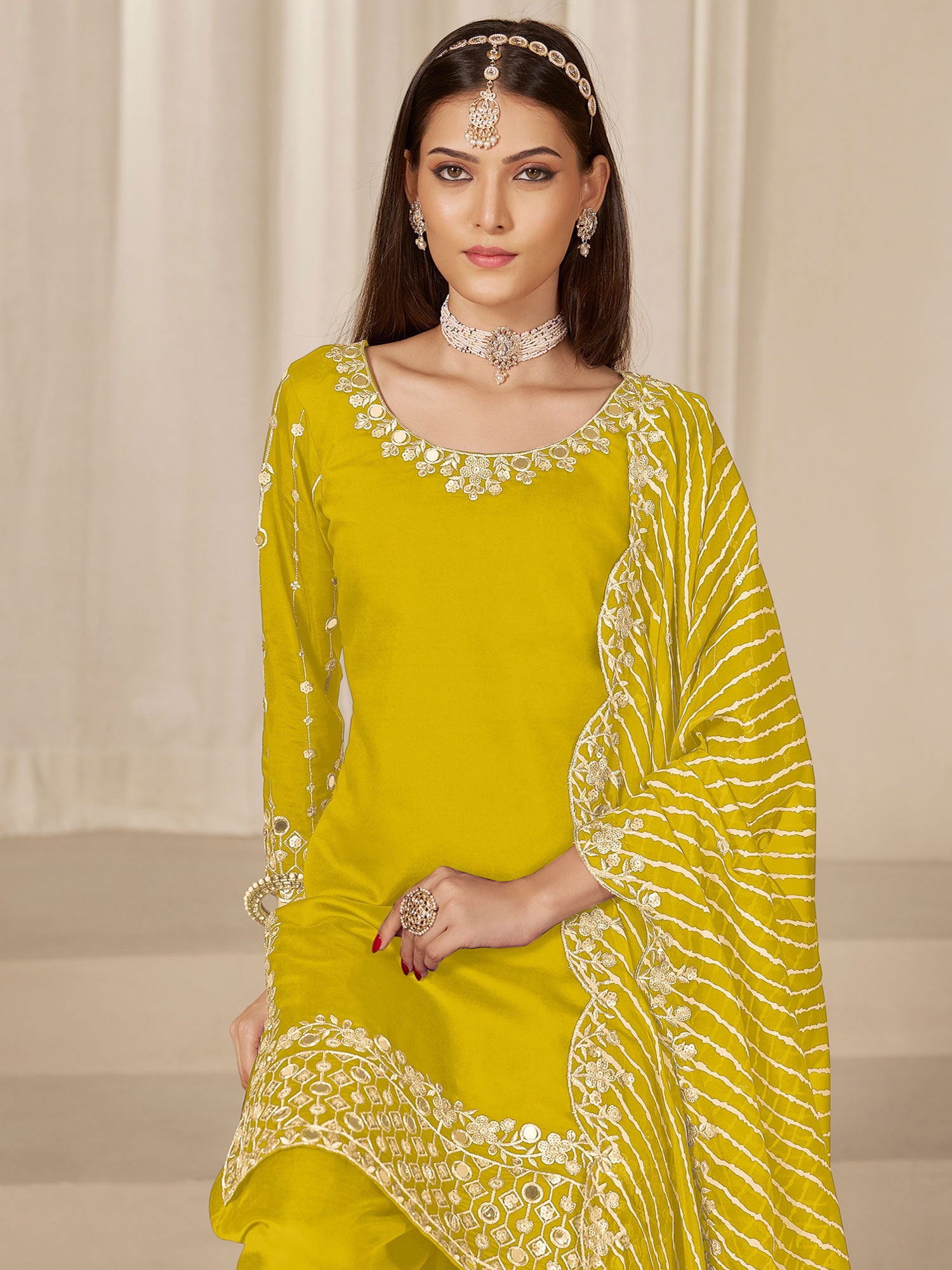 Lemon Yellow Mirror Work Enhanced Punjabi Suit