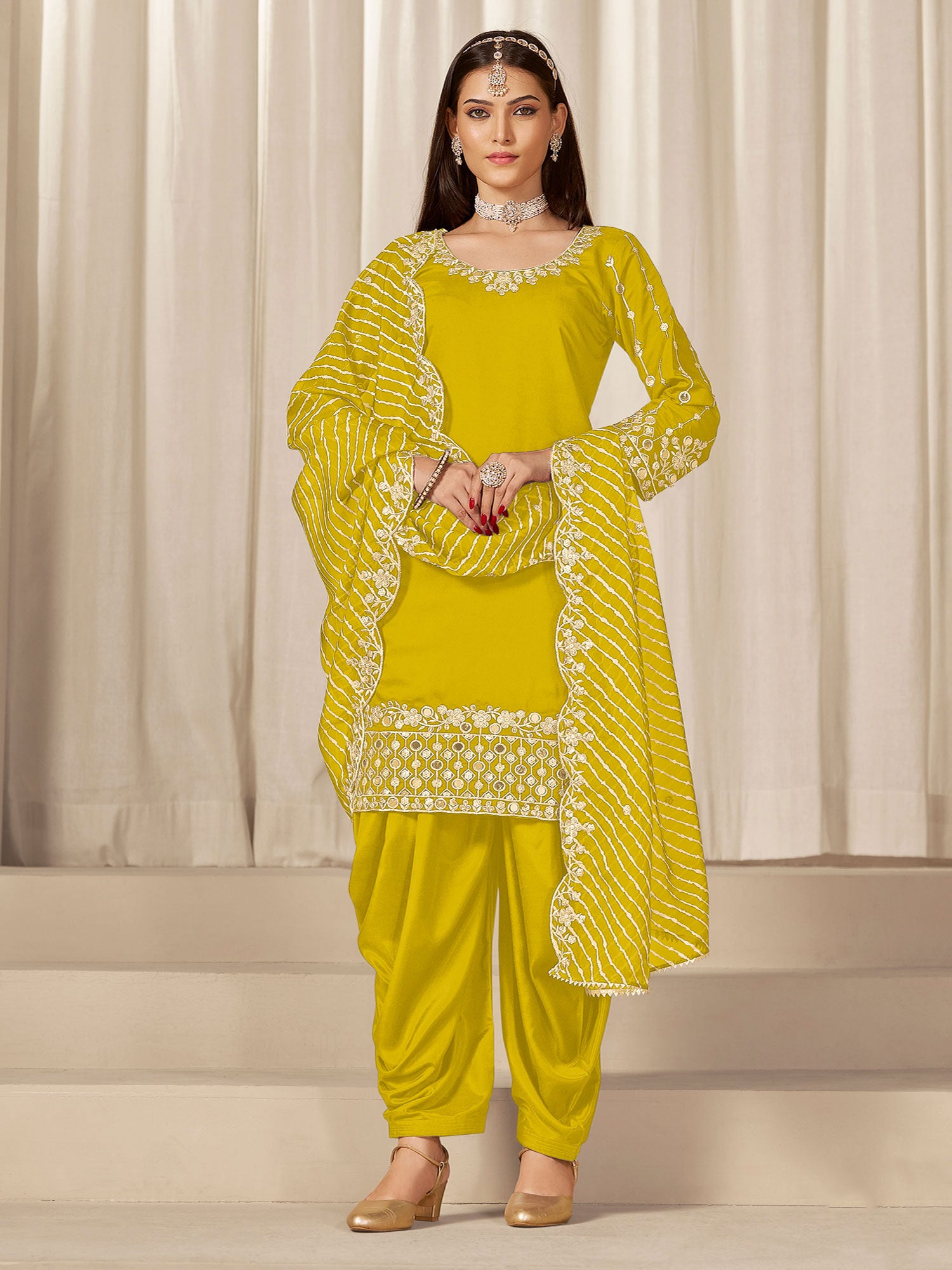 Lemon Yellow Mirror Work Enhanced Punjabi Suit
