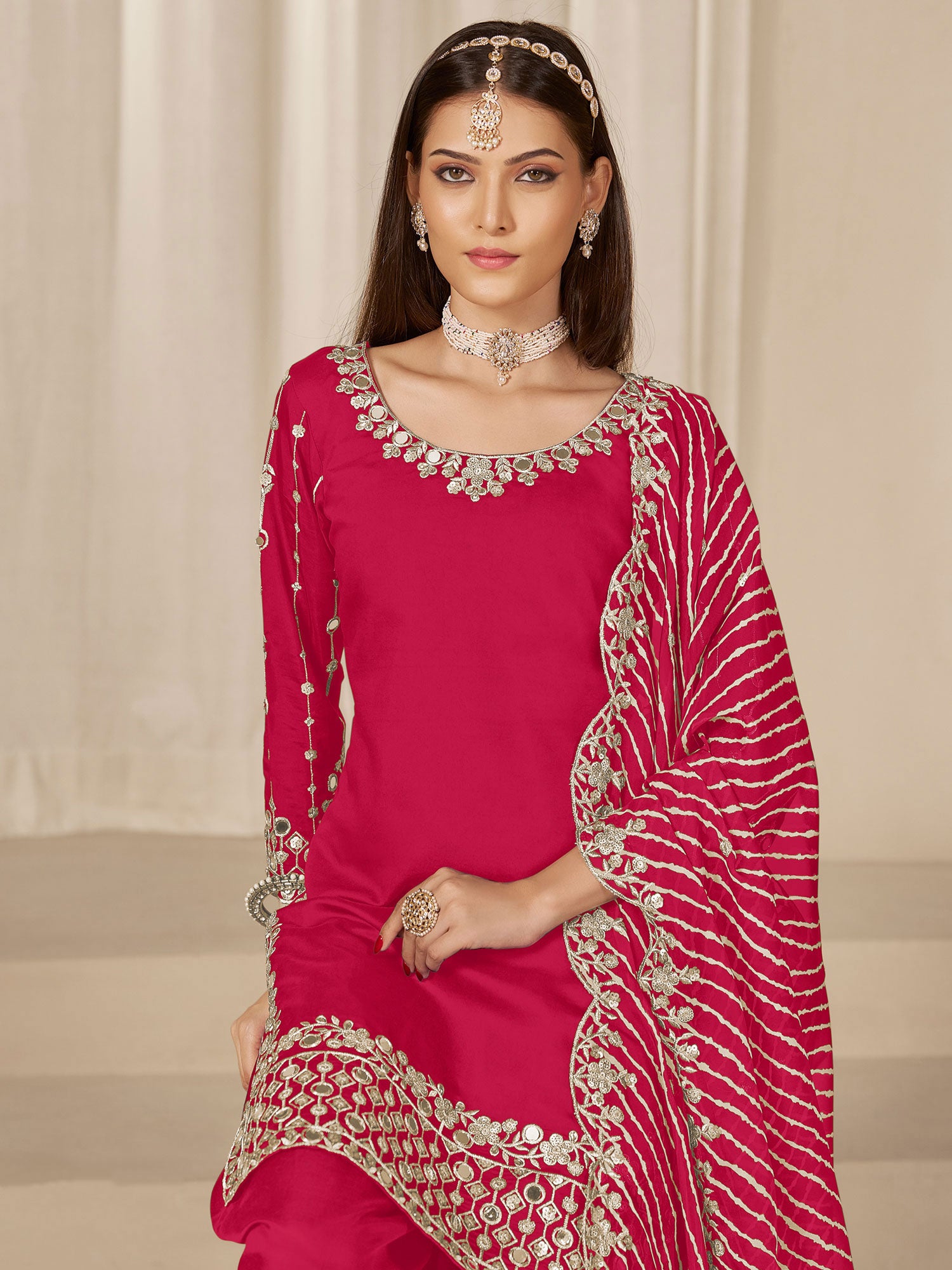 Candy Red Embroidered Salwar Kameez With Dupatta