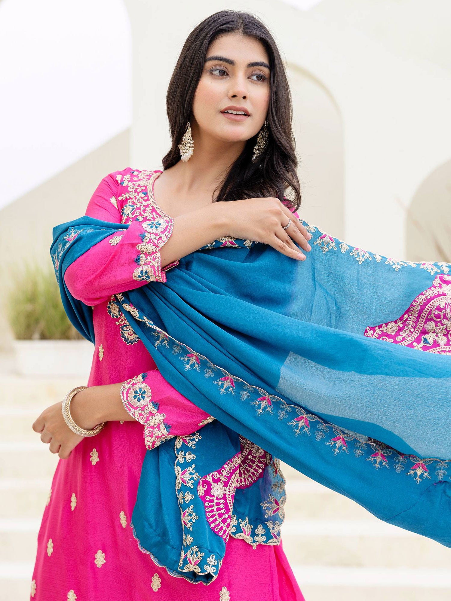 Hot Pink Thread Work Readymade Salwar Kameez