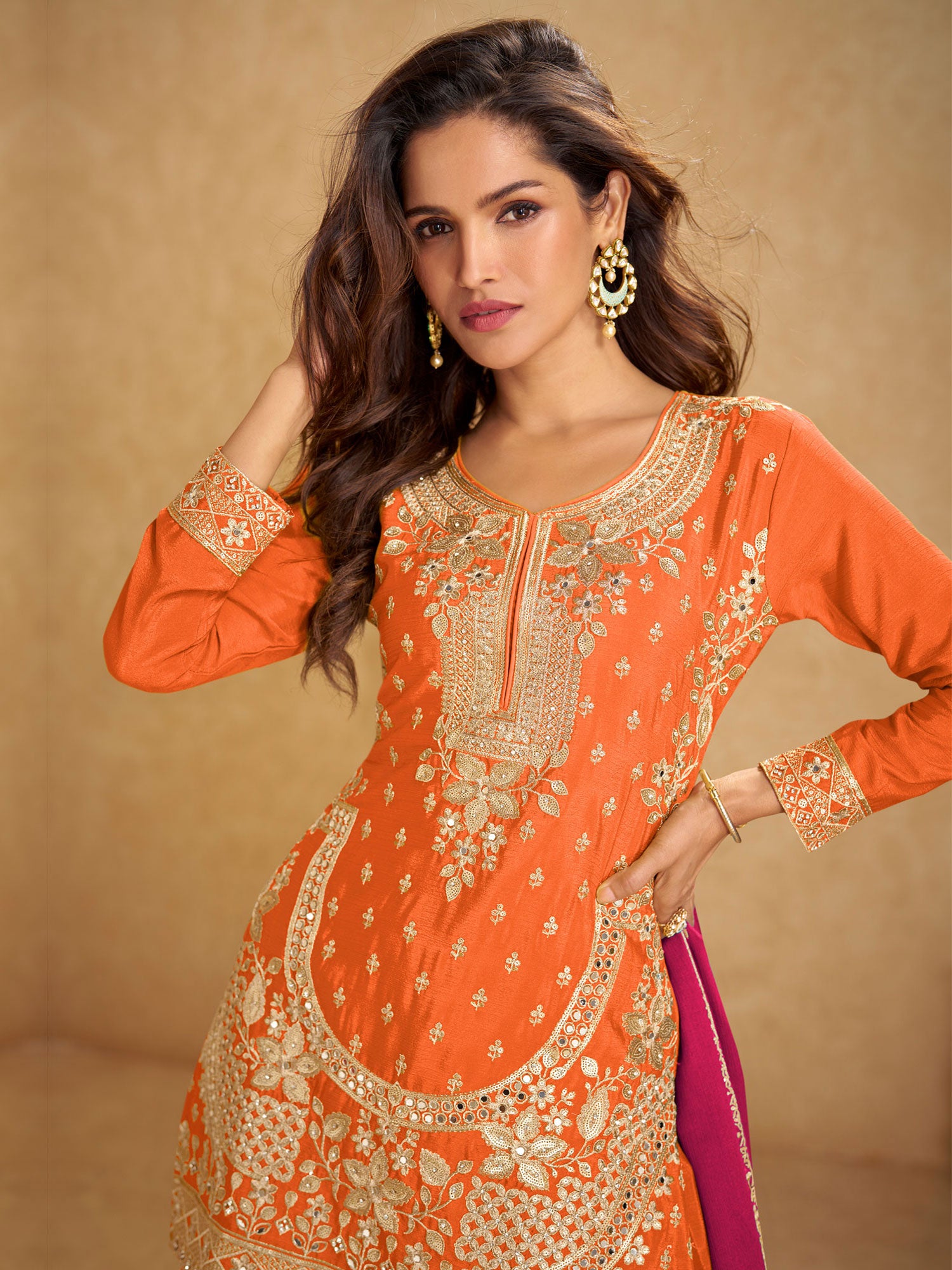 Orange Mirror Work Embellished Palazzo Style Suit