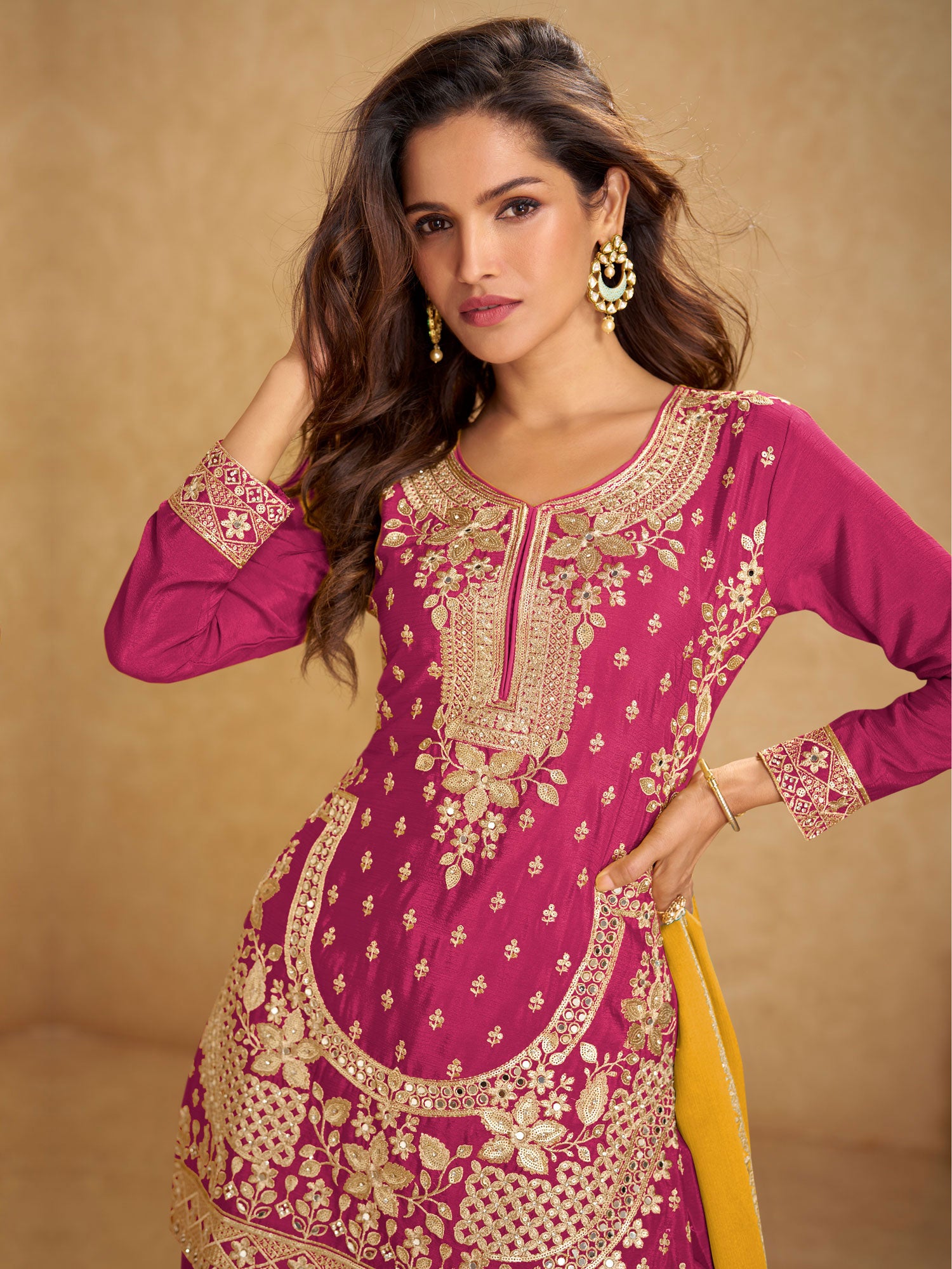 Magenta Silk Salwar Kameez In Mirror Embellishments