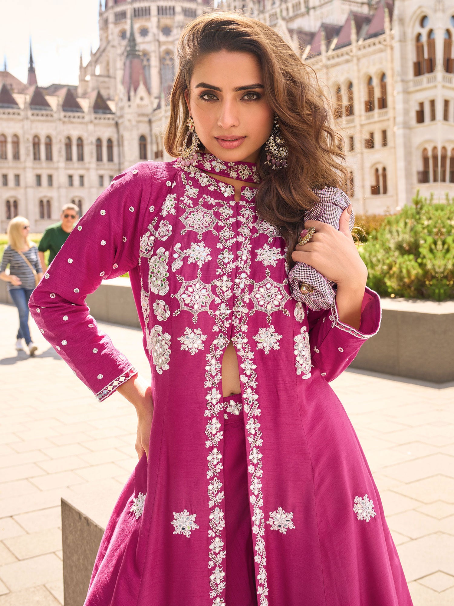 Pink Mirror Work Embroidered Salwar Kameez In Silk