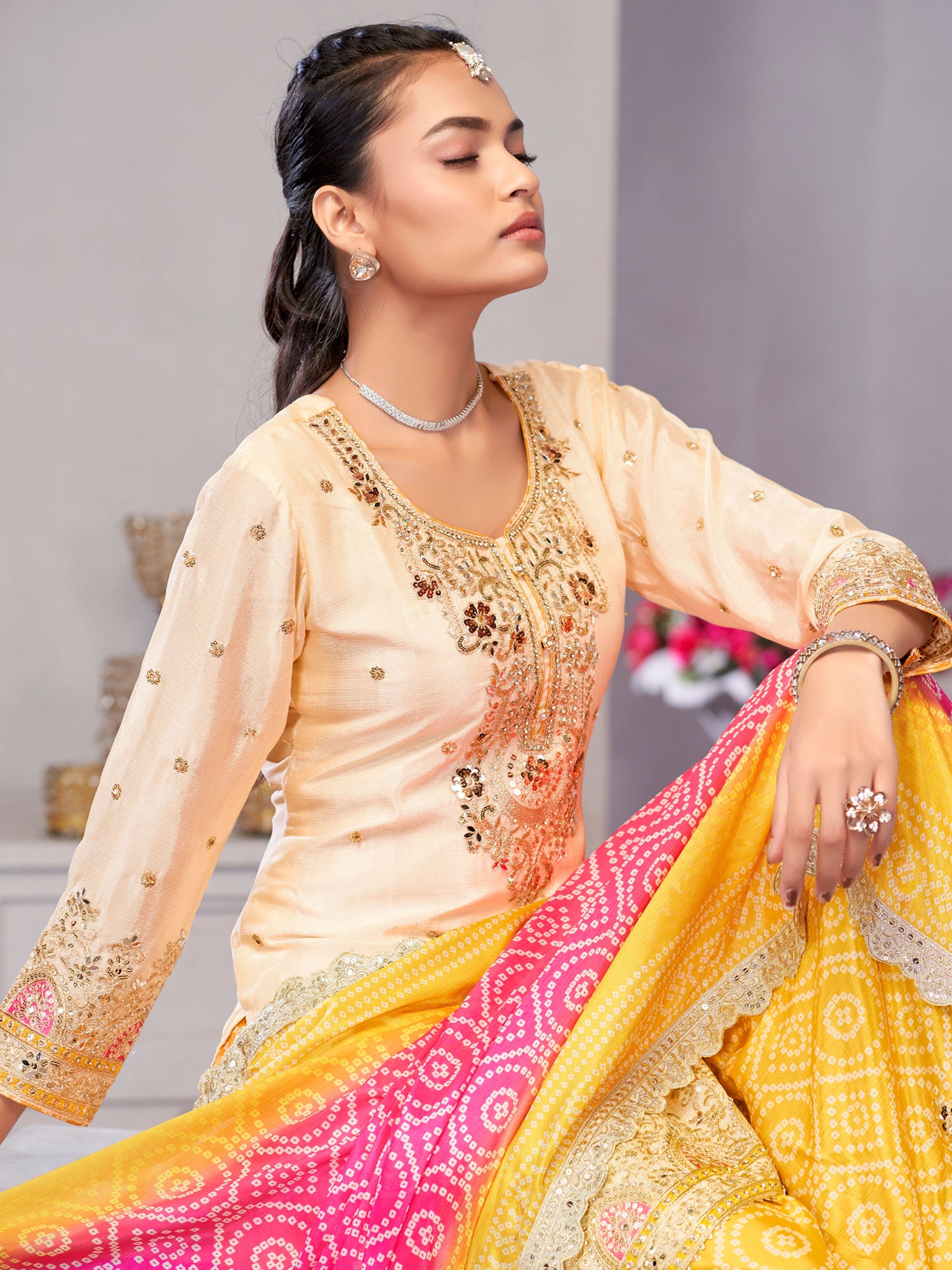 Cream Wedding Silk Salwar Suit In Mirror Work