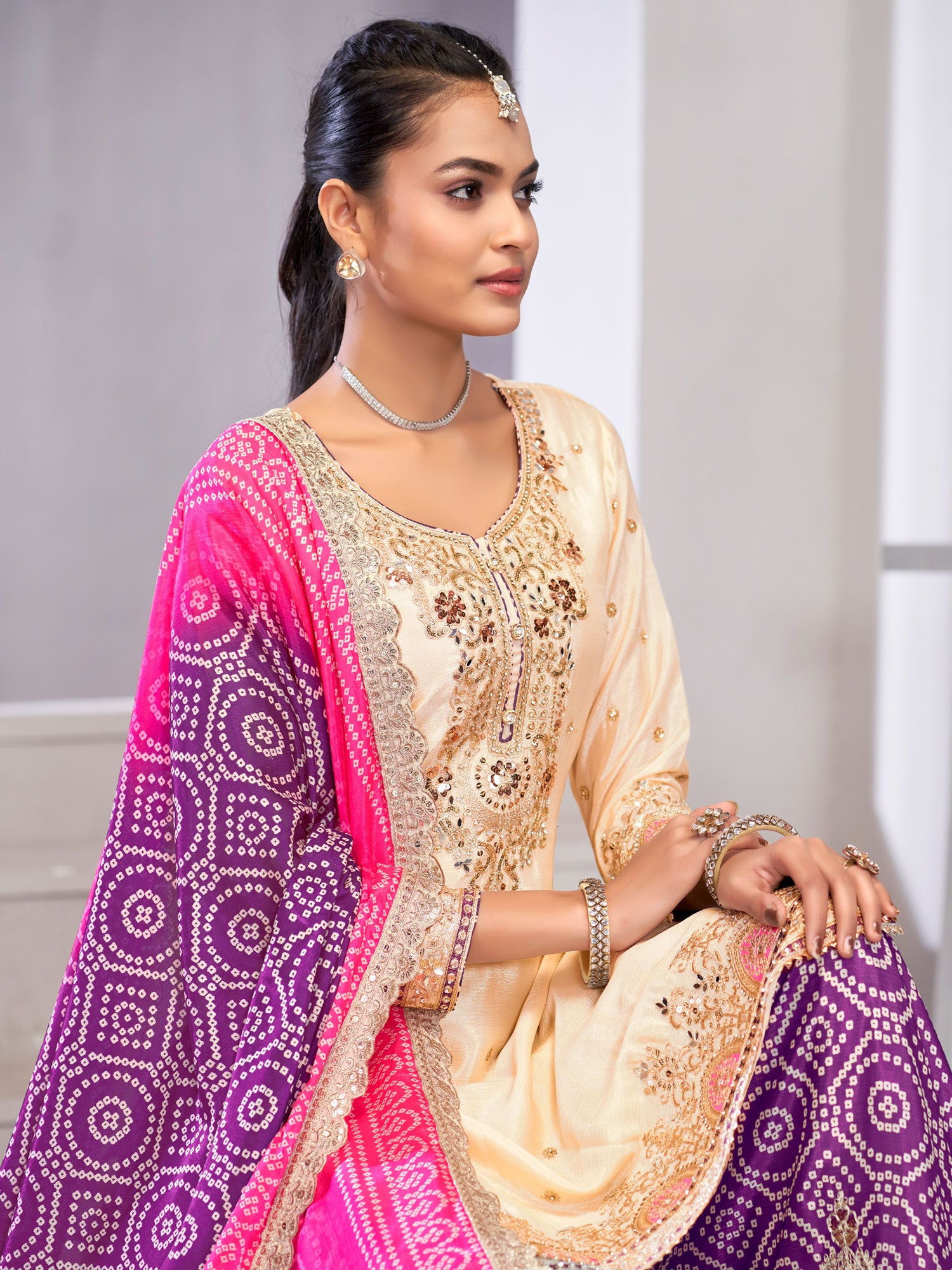 Cream Embroidered Palazzo Suit With Printed Dupatta
