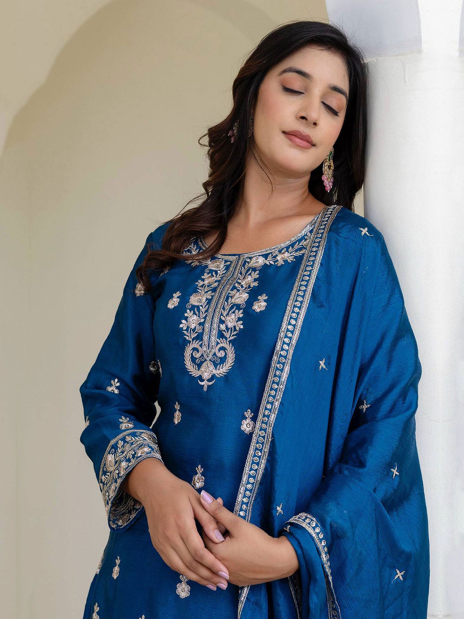 Blue Sequins Augmented Silk Palazzo Style Suit Set