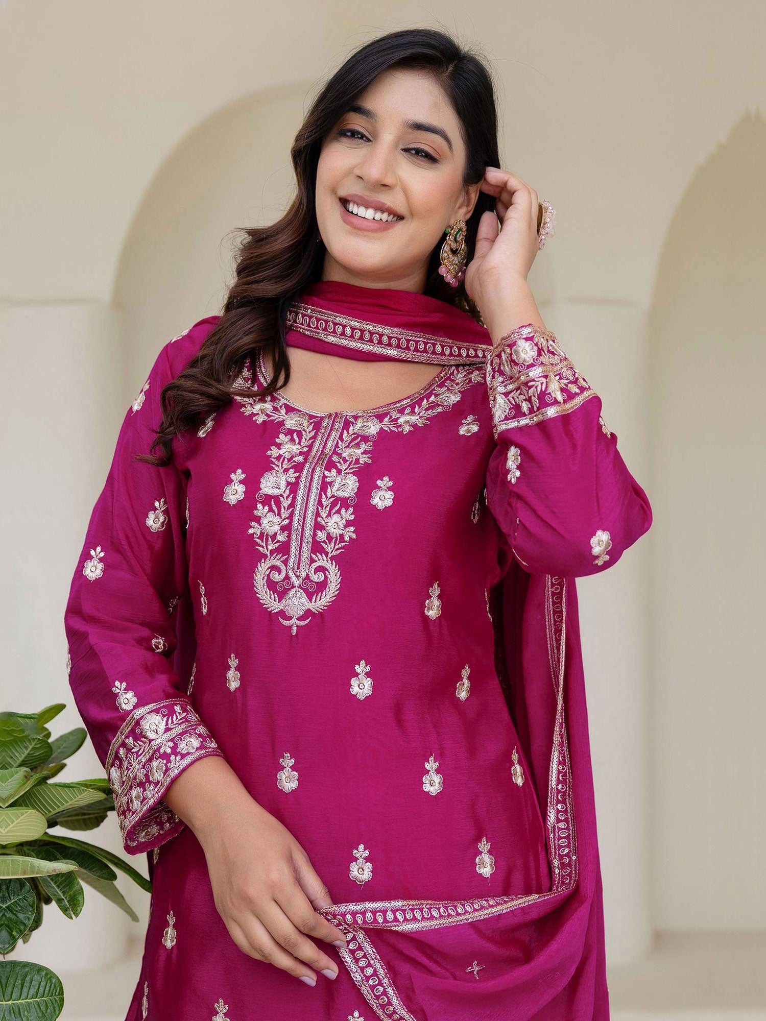 Magenta Palazzo Suit In Floral Silver Zari Work