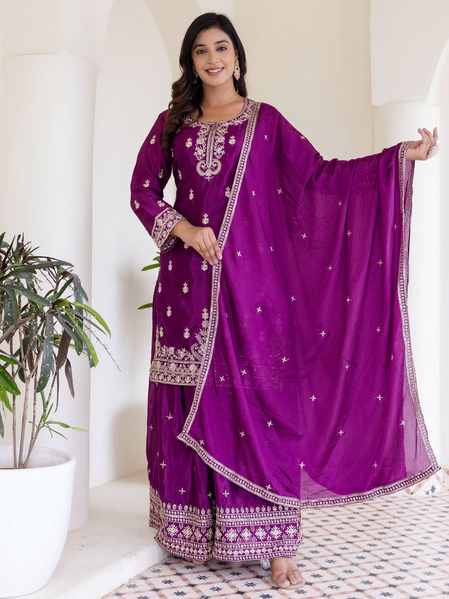 Wine Silver Zari Embellished Salwar Kameez In Silk