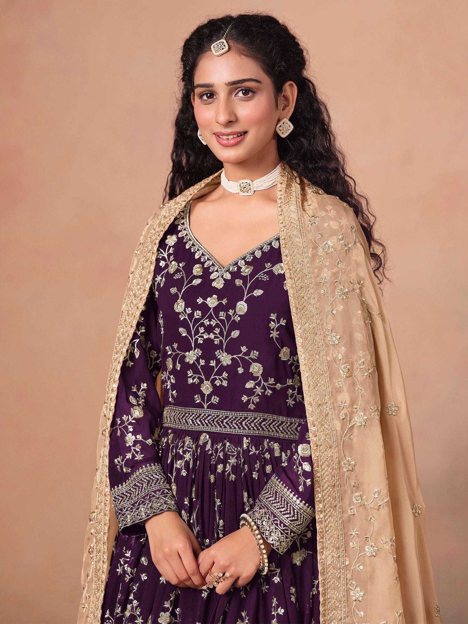 Wine Floral Work Salwar Kameez In Anarkali Style