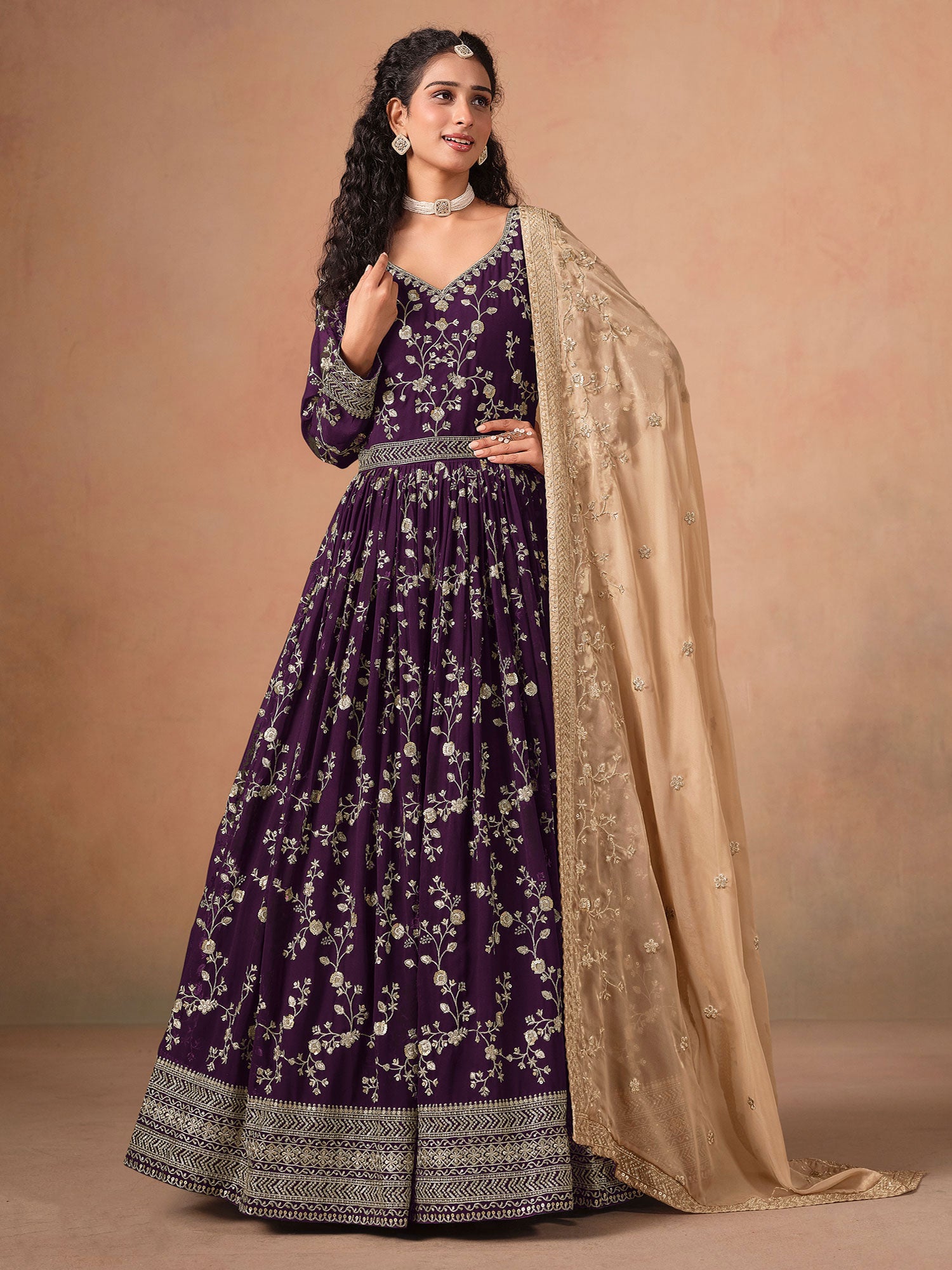 Wine Floral Work Salwar Kameez In Anarkali Style