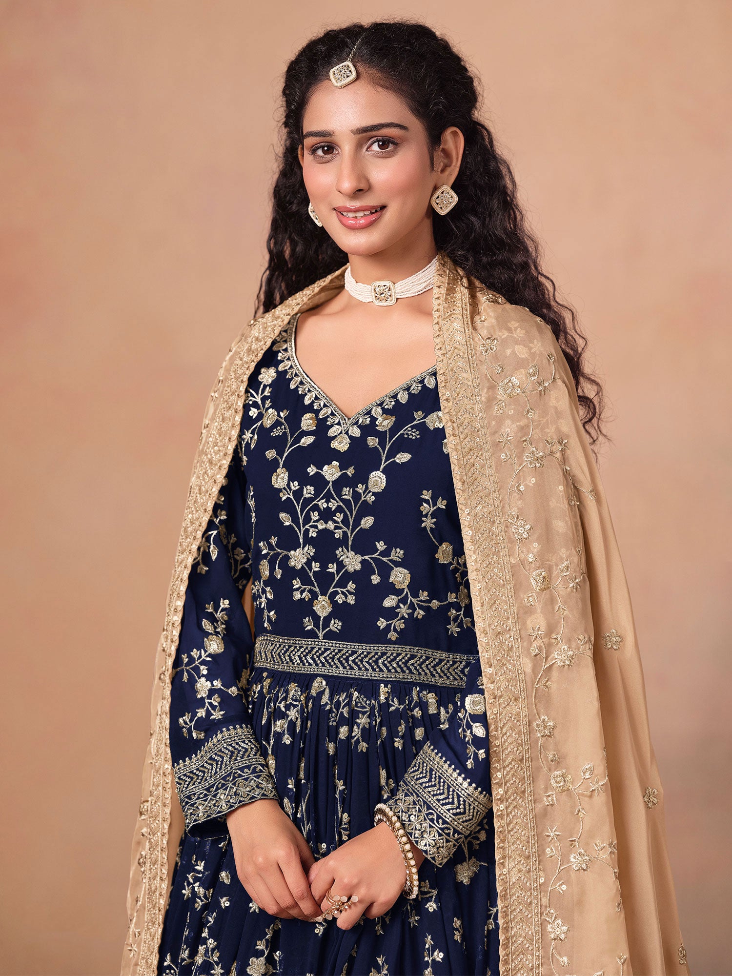 Navy Blue Georgette Anarkali Style Salwar Kameez