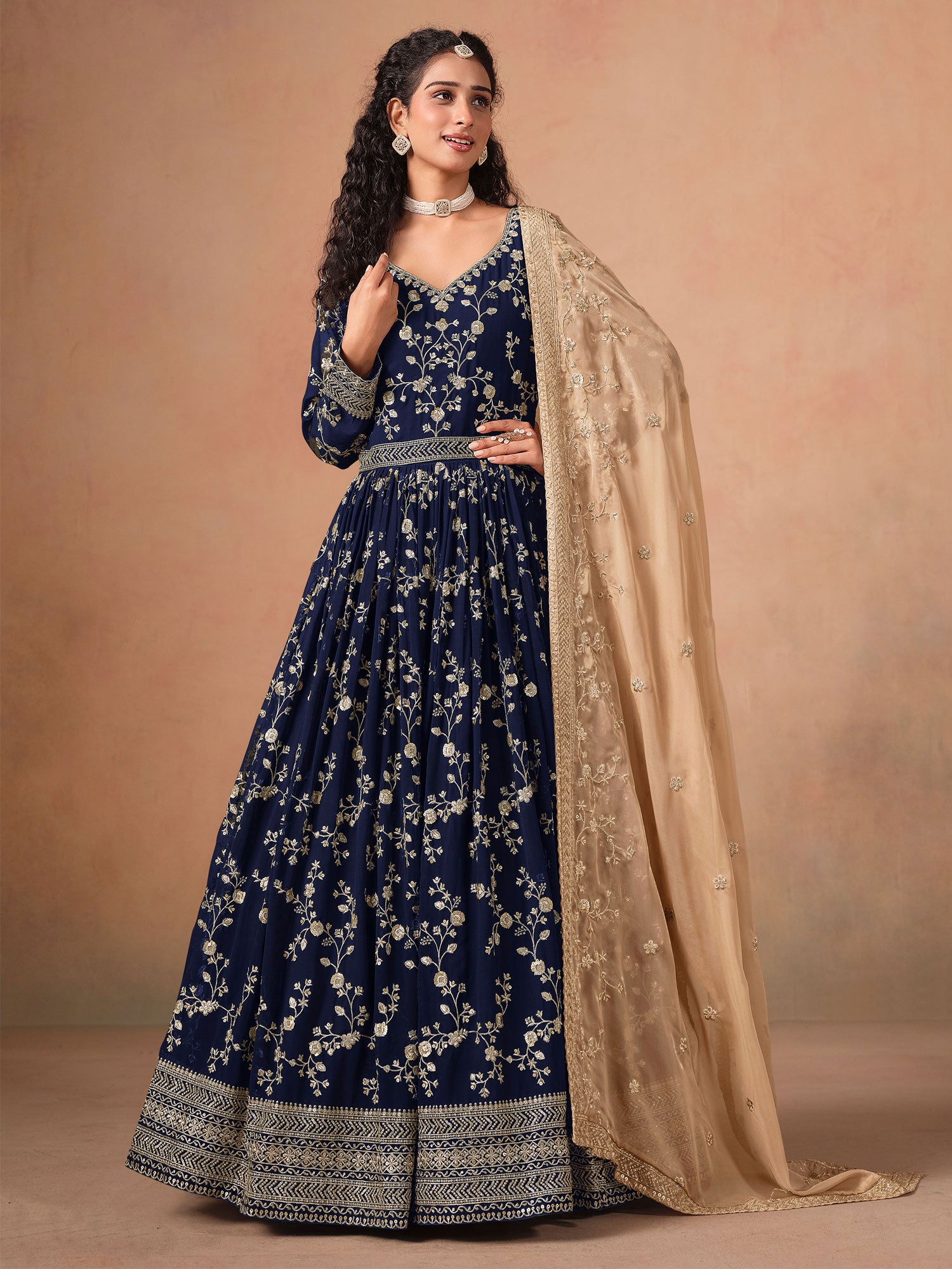 Navy Blue Georgette Anarkali Style Salwar Kameez