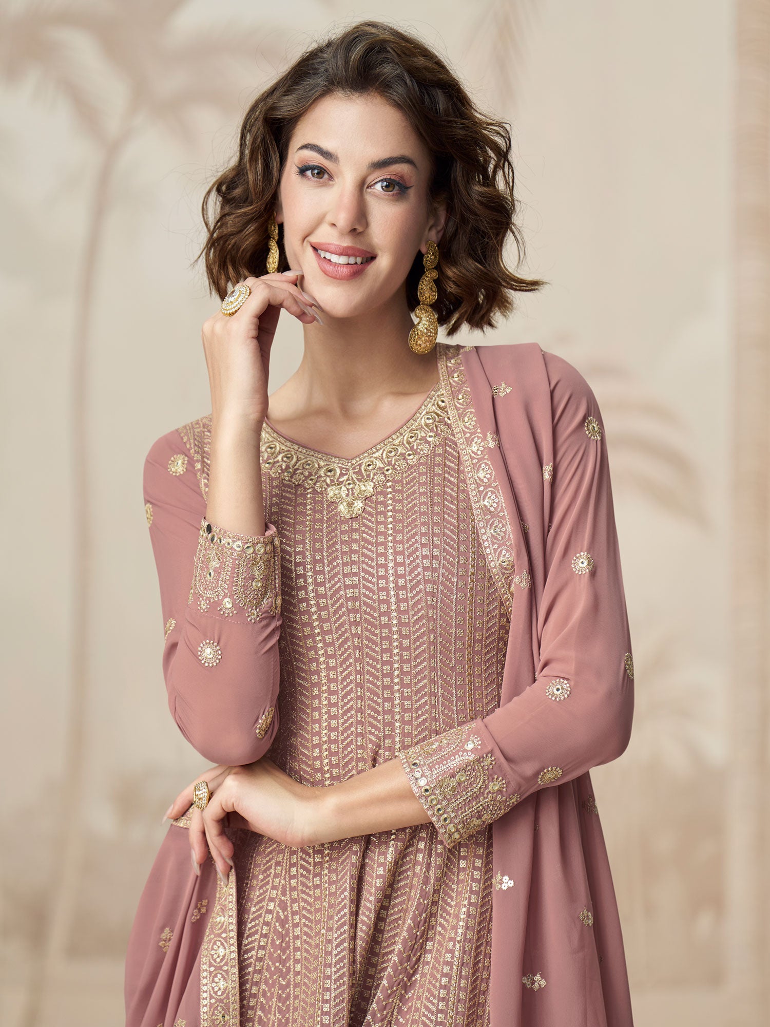 Pink Embroidered Salwar Suit With Flare Style Kameez