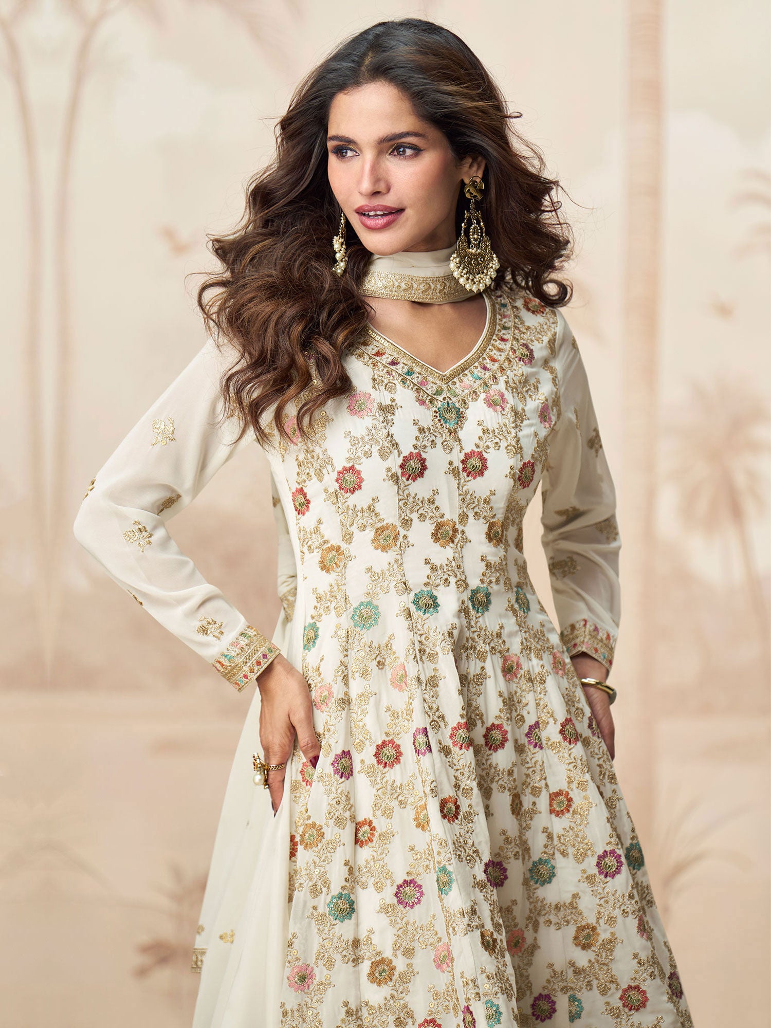 White Palazzo Style Suit Set In Floral Embellishments