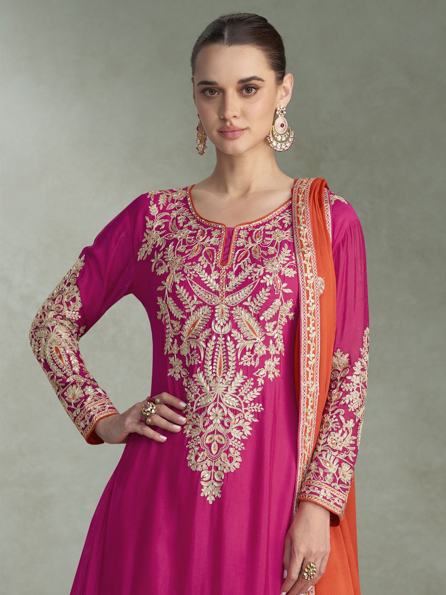 Pink Readymade Salwar Kameez In Mirror Work