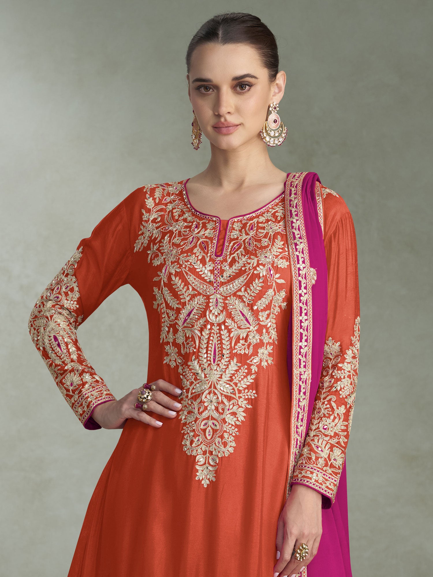 Orange Sequins Work Anarkali Suit With Palazzo