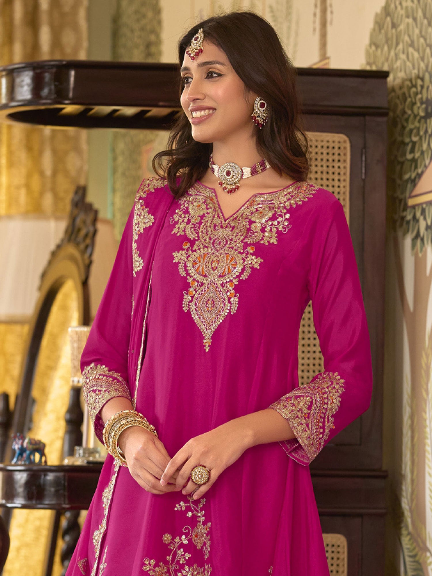 Pink Readymade Wedding Salwar Suit In Palazzo Style