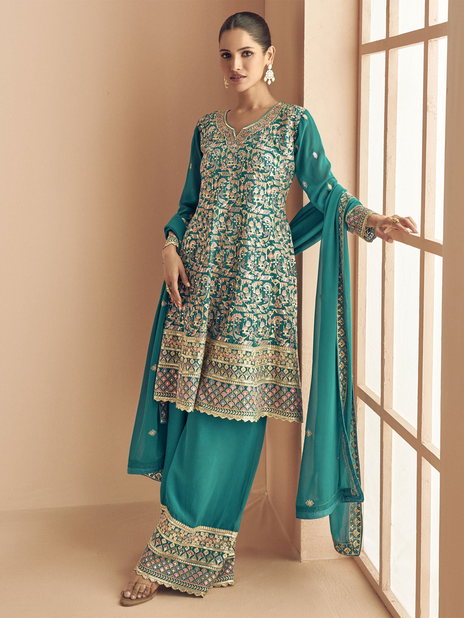 Rama Green Floral Thread Embroidered Palaazo Suit