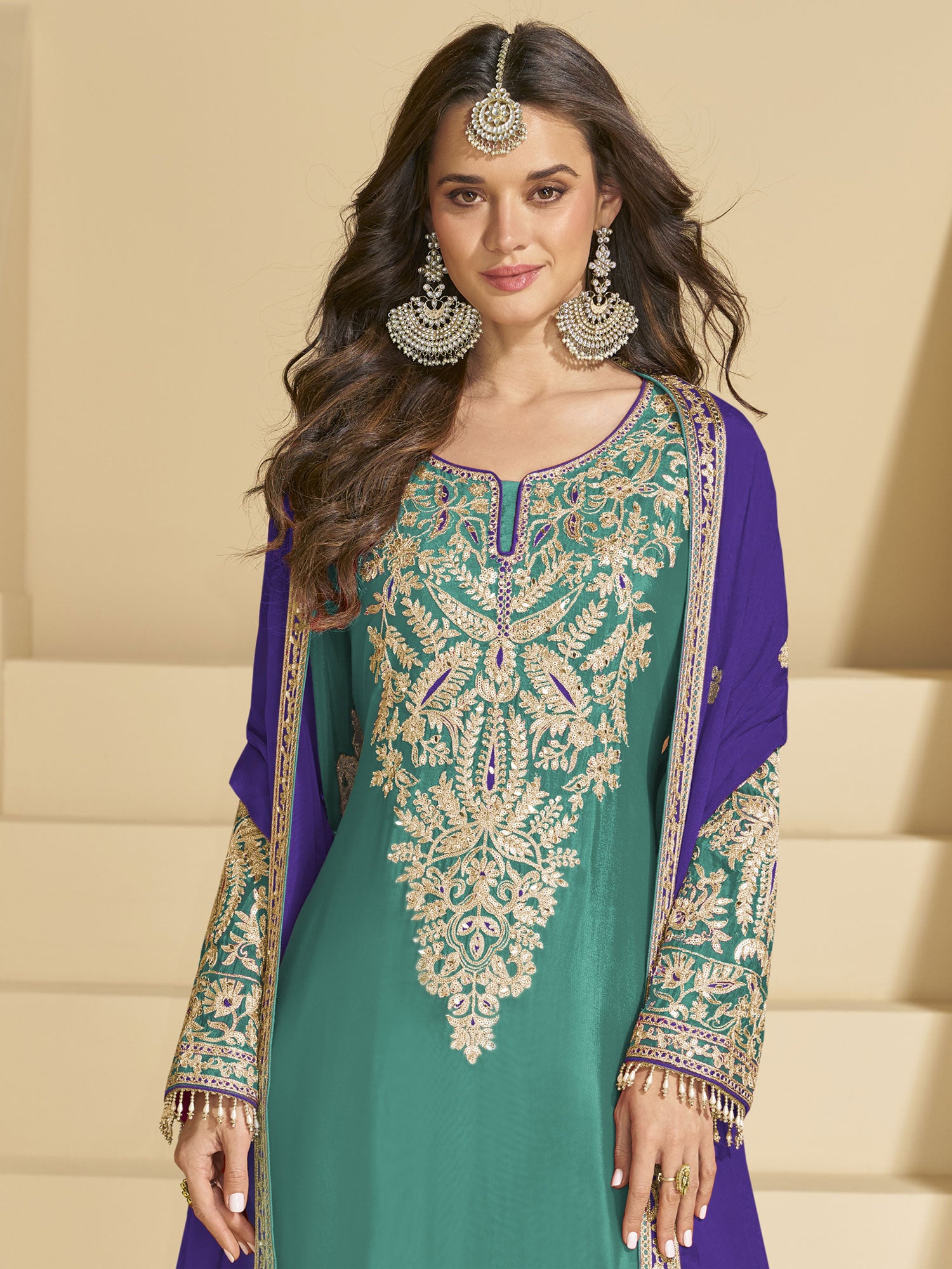 Turquoise Mirror Work Salwar Suit In Pakistani Style