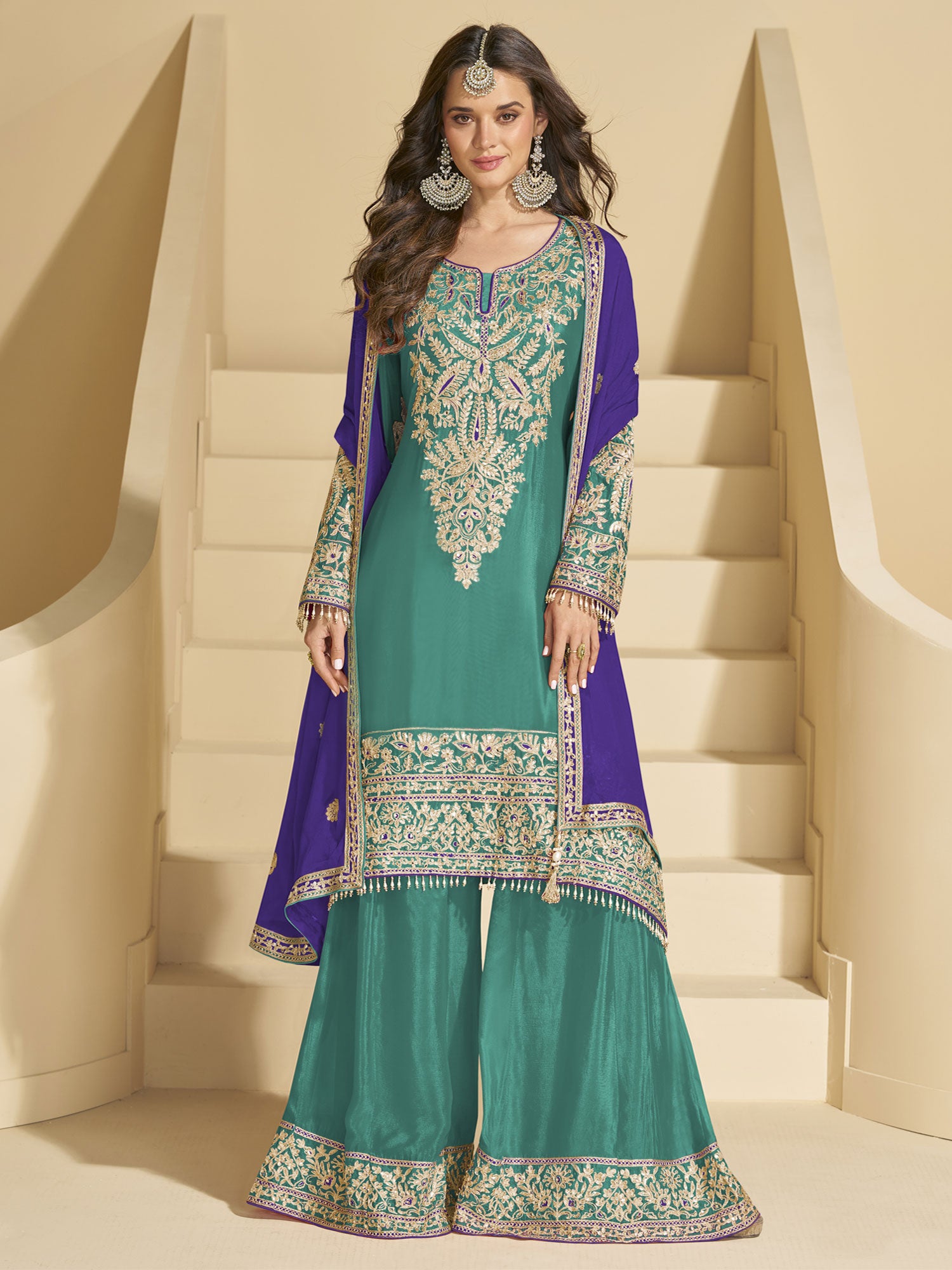 Turquoise Mirror Work Salwar Suit In Pakistani Style
