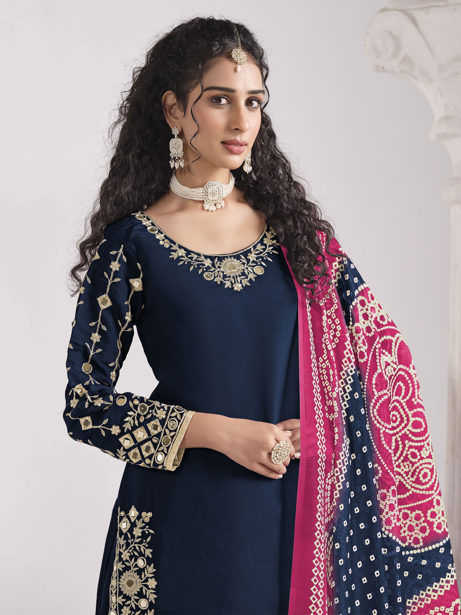 Navy Blue Punjabi Suit With Dupatta In Chanderi Silk