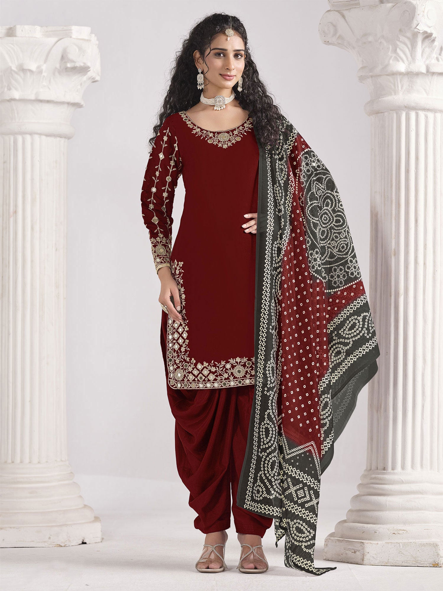 Maroon Salwar Suit In Punjabi Style With Printed Dupatta