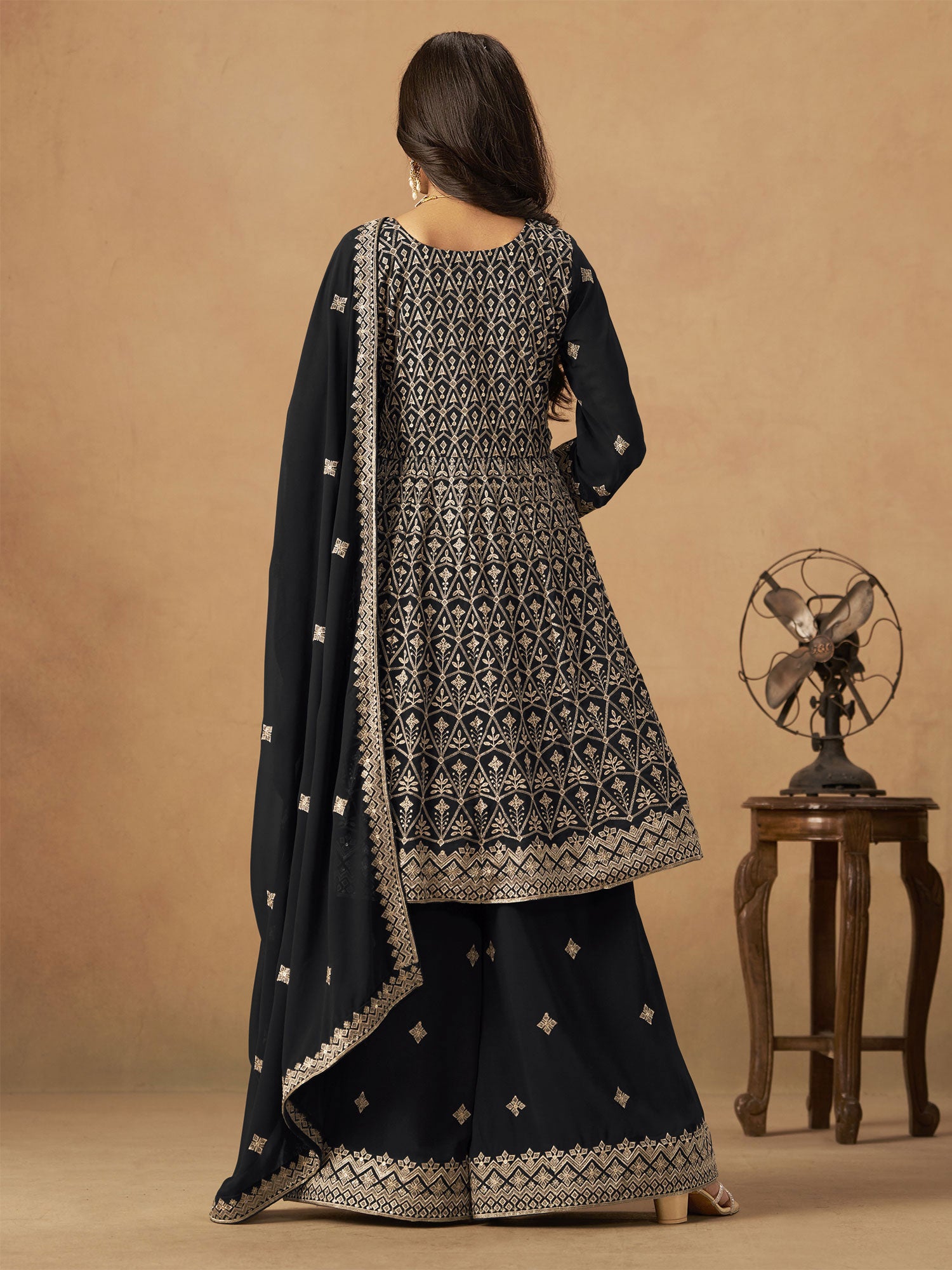 Black Palazzo Style Salwar Suit With Flare Kameez