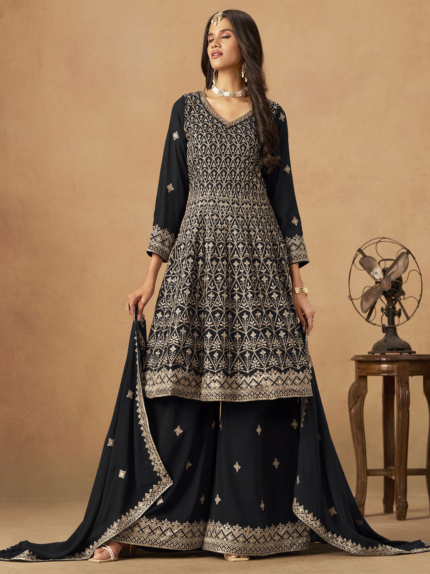 Black Palazzo Style Salwar Suit With Flare Kameez