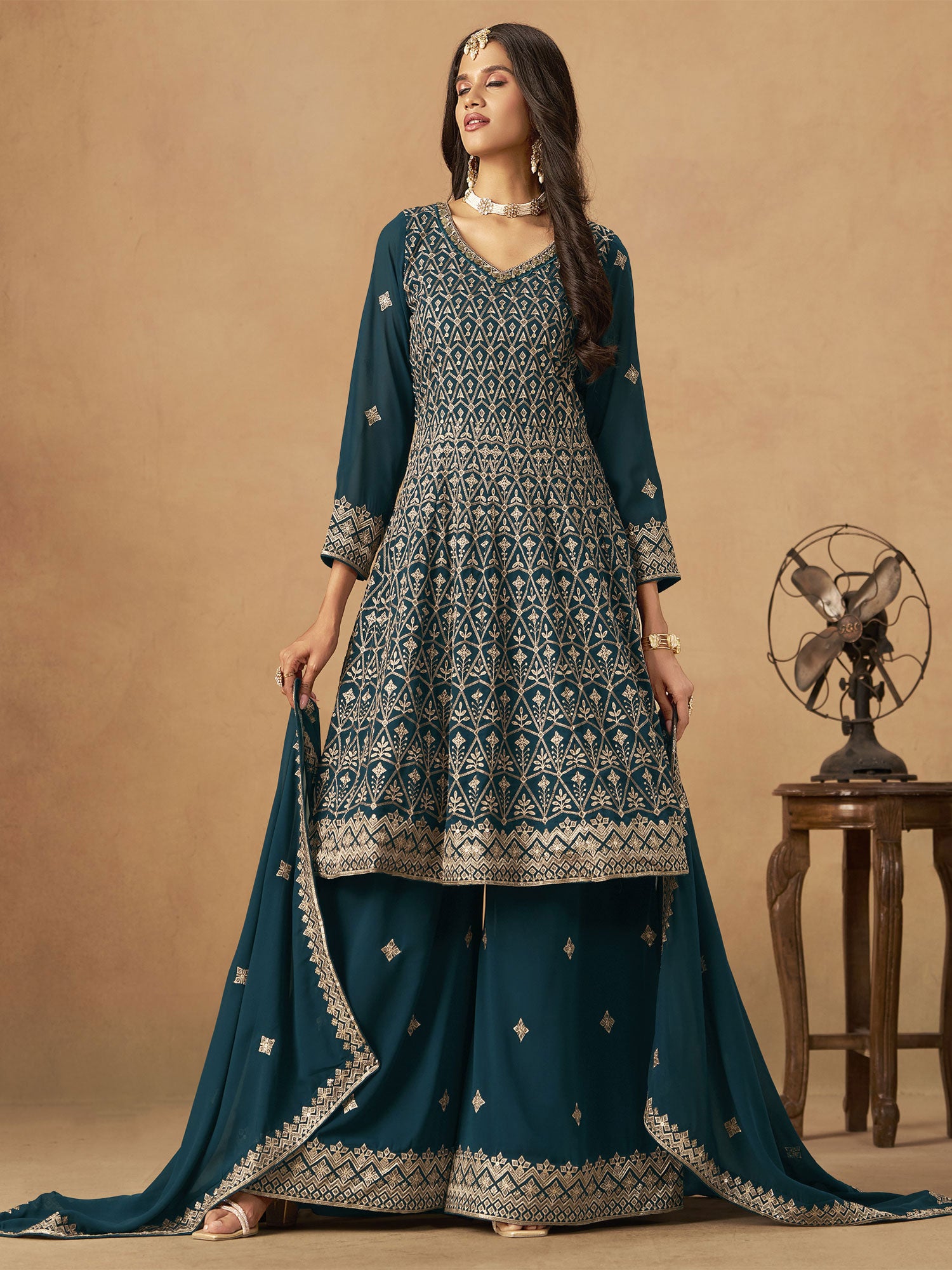 Blue Georgette Festive Salwar Suit In Palazzo Style