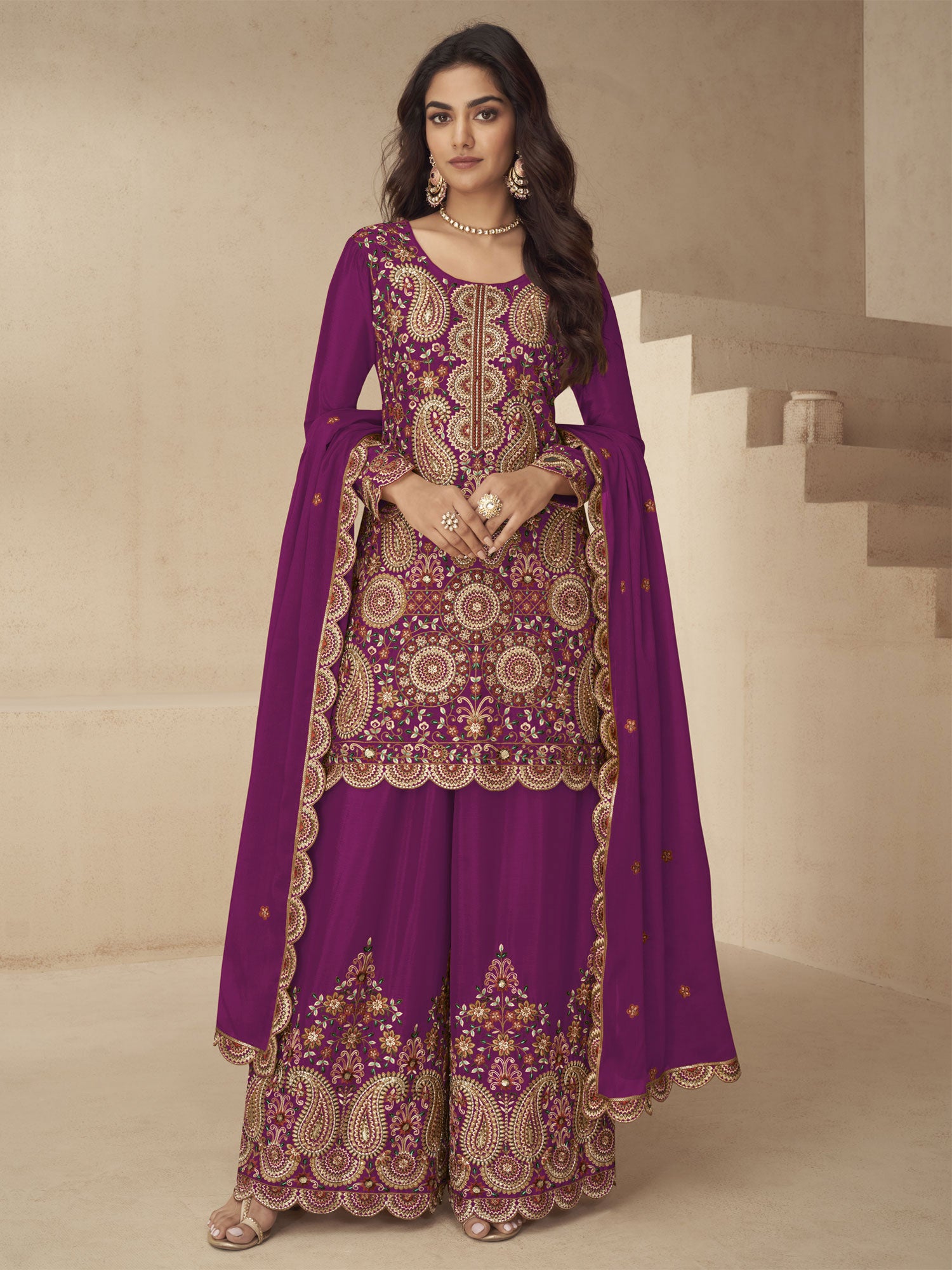 Wine Sequins Work Enhanced Festive Salwar Suit