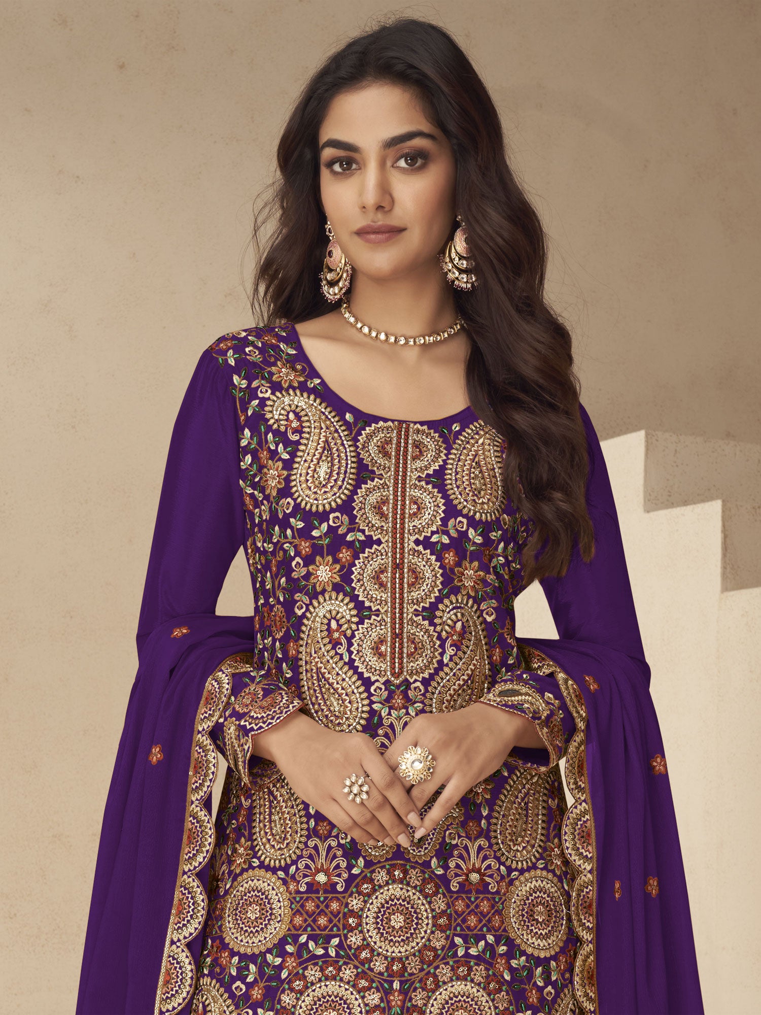 Purple Embroidered Silk Salwar Kameez In Palazzo Style