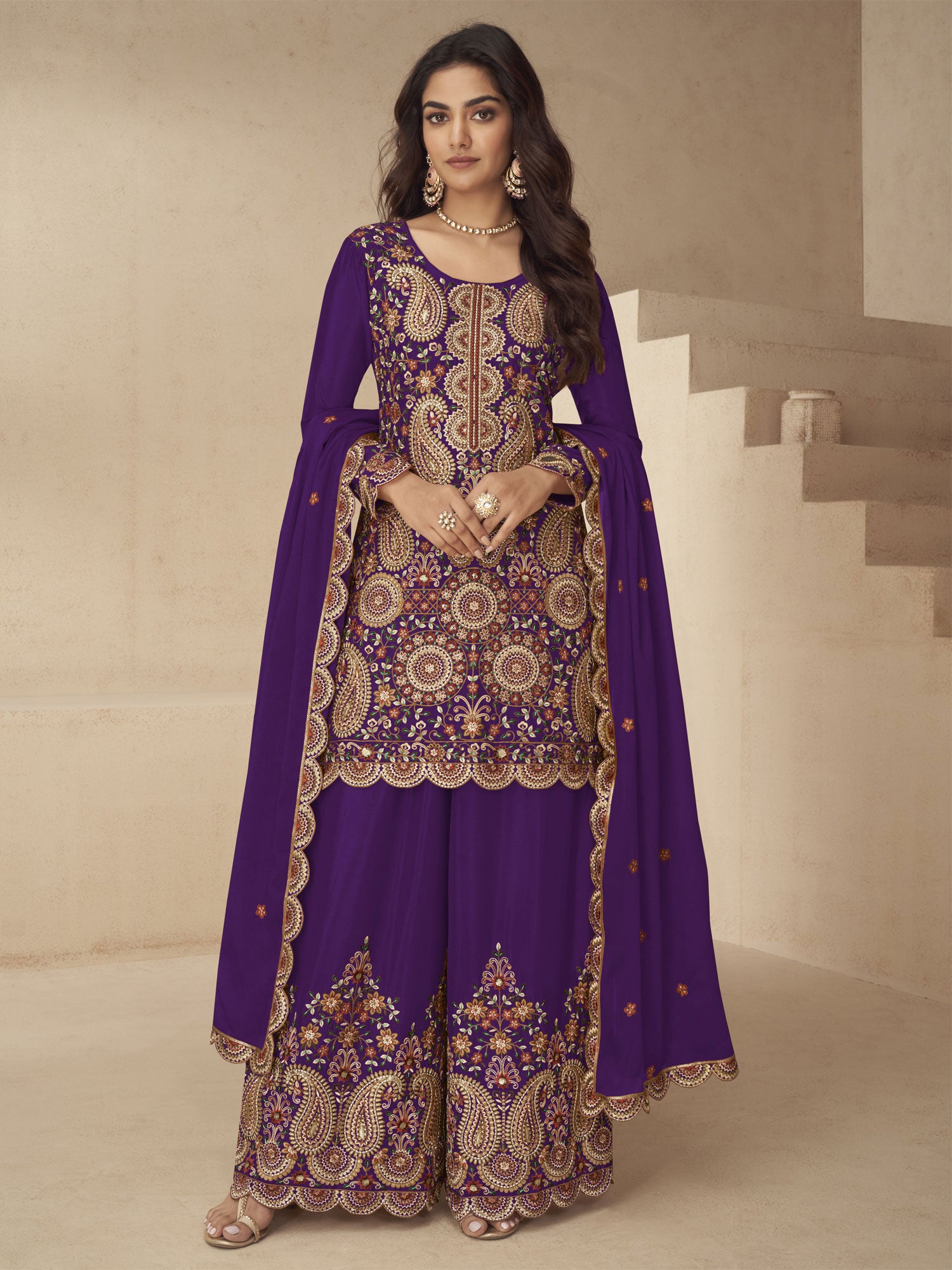 Purple Embroidered Silk Salwar Kameez In Palazzo Style