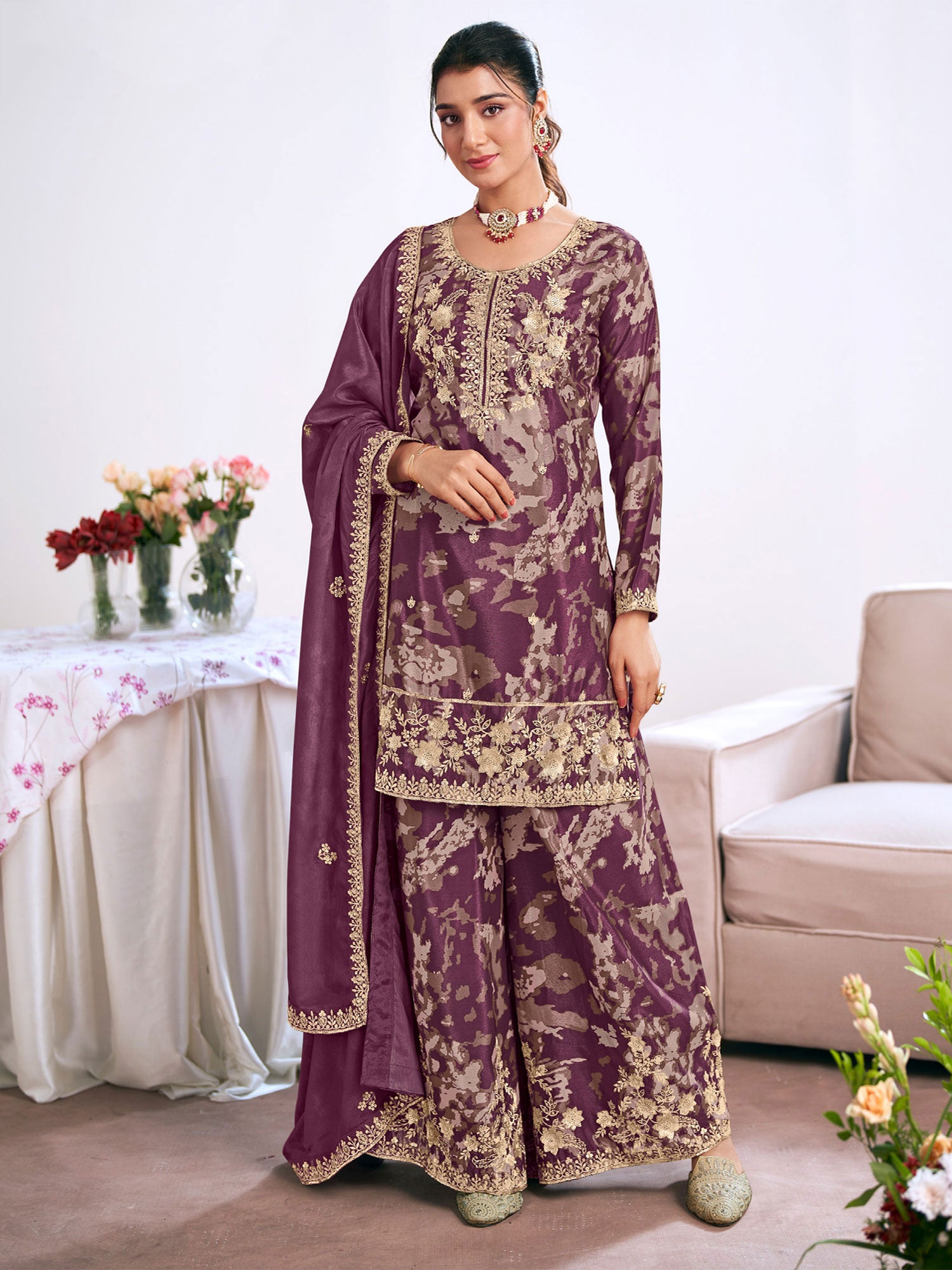 Wine Sequins Work Enhanced Casual Salwar Kameez