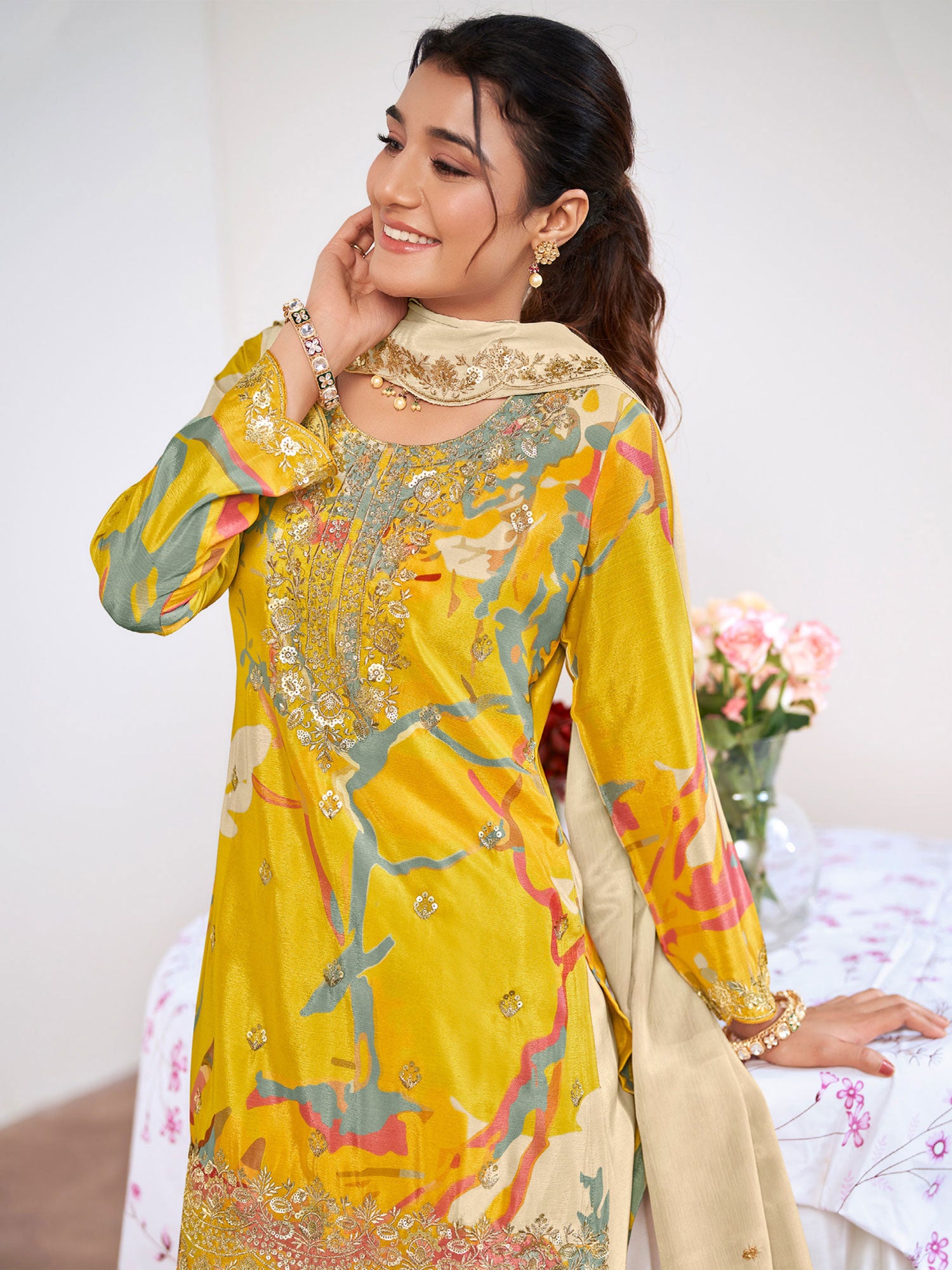 Yellow Printed Salwar Suit With Organza Dupatta