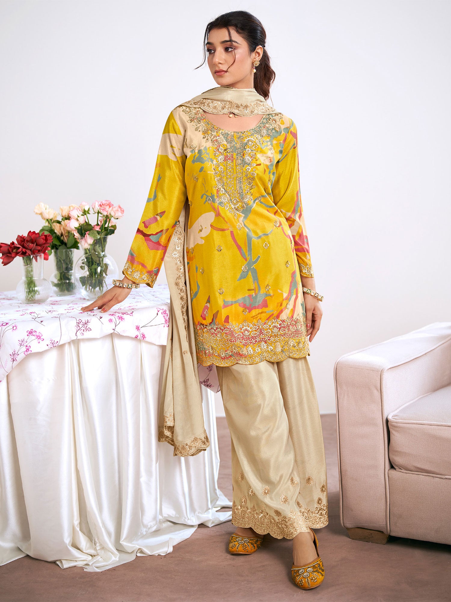 Yellow Printed Salwar Suit With Organza Dupatta