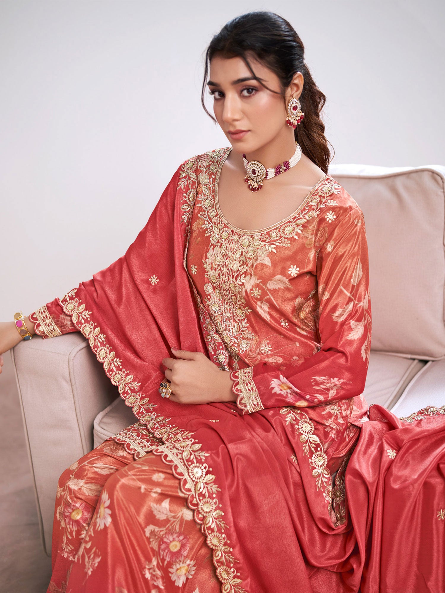 Orange Floral Printed Salwar Suit In Palazzo Style