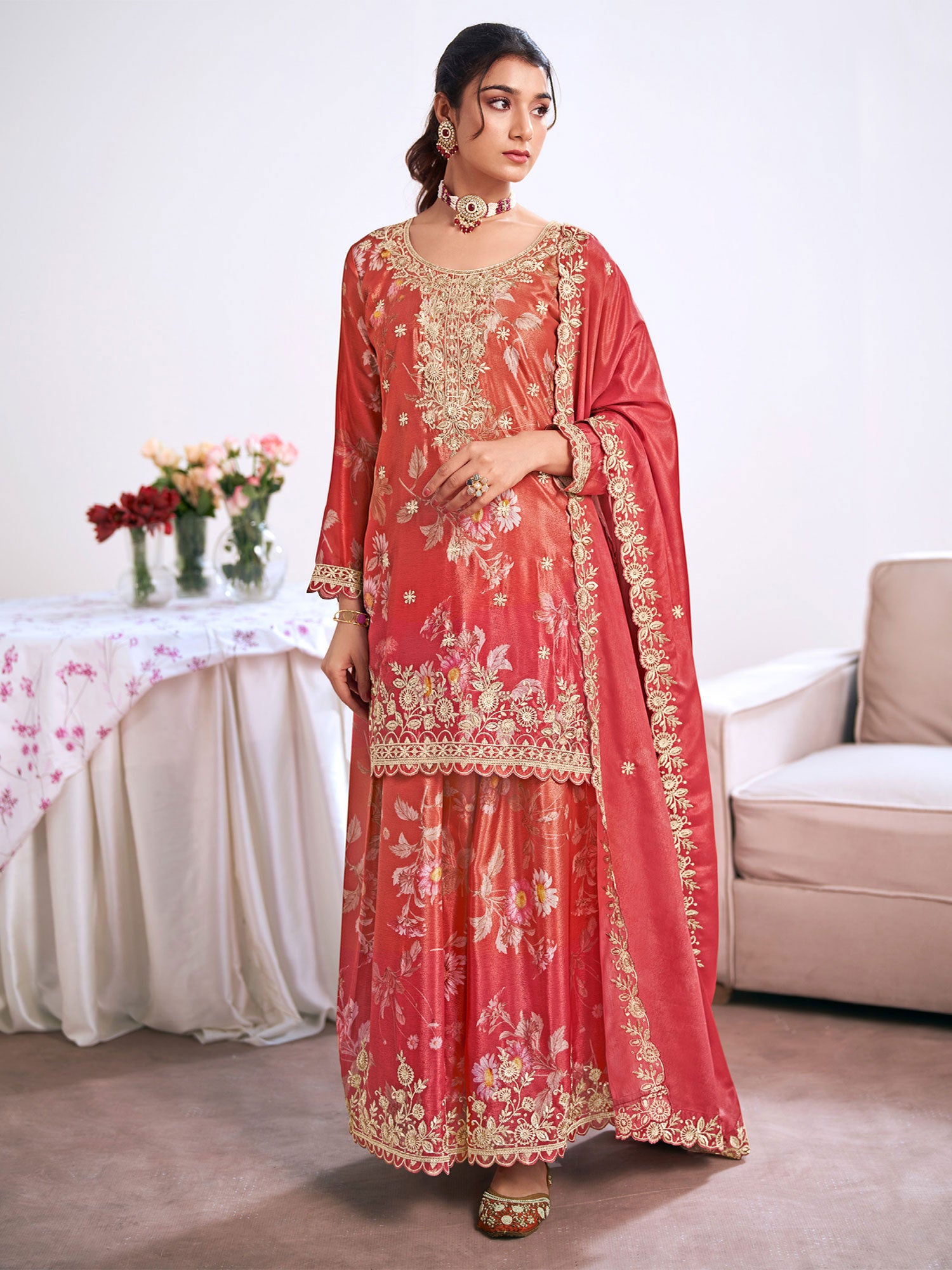 Orange Floral Printed Salwar Suit In Palazzo Style